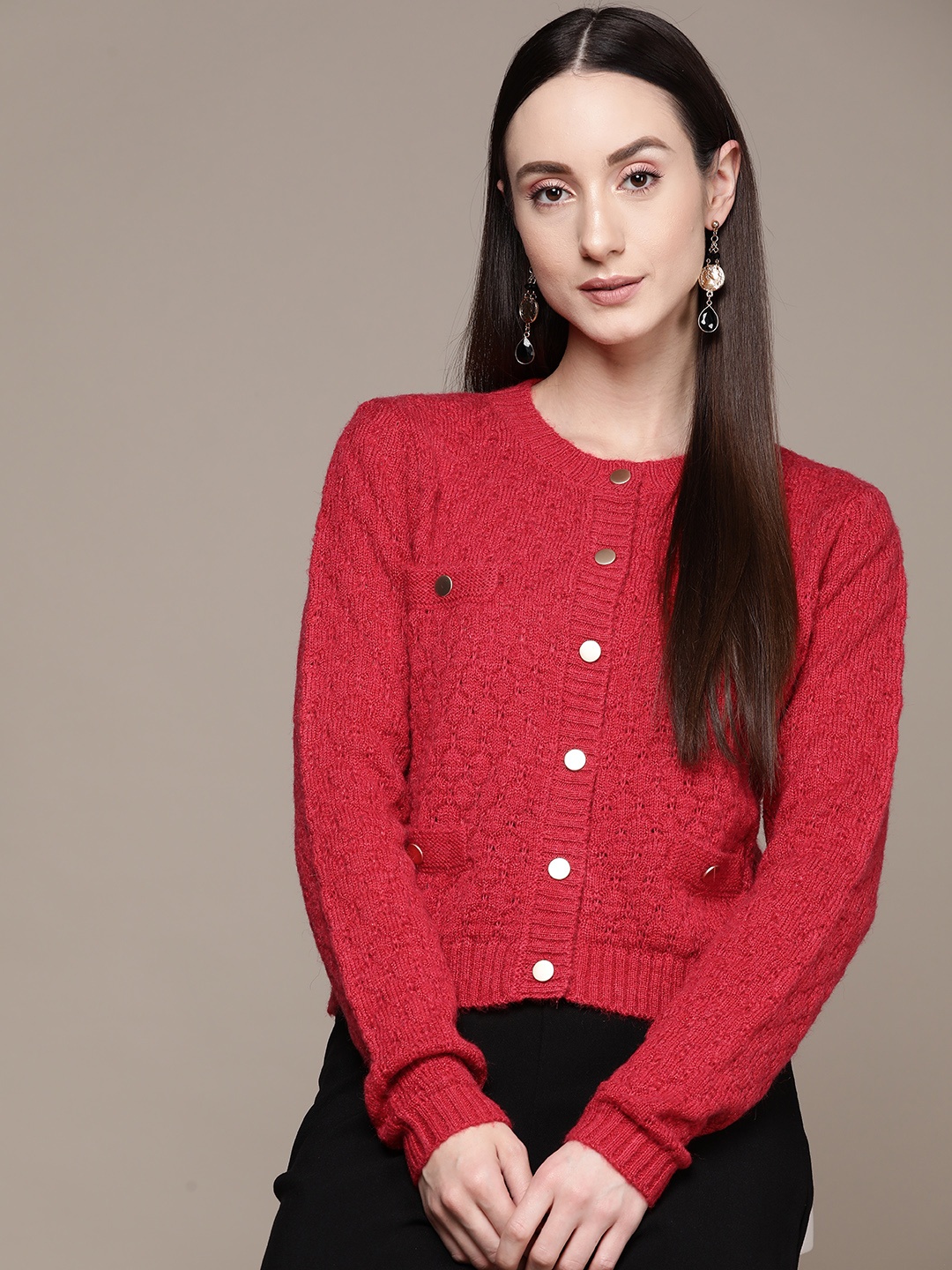 

Label Ritu Kumar Women Self Design Cardigan, Red