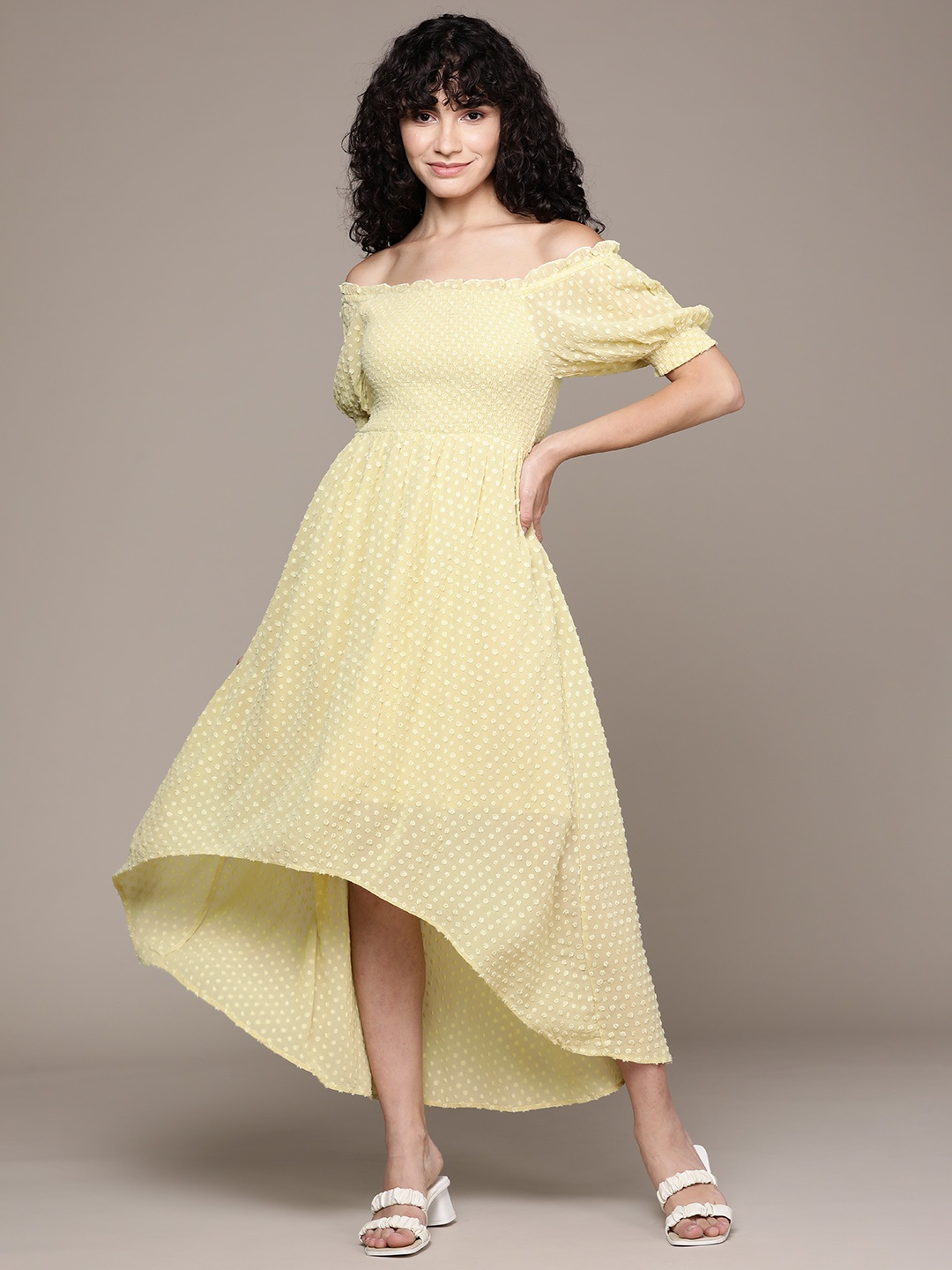 

Label Ritu Kumar Yellow Embroidered Off-Shoulder Georgette Midi Dress