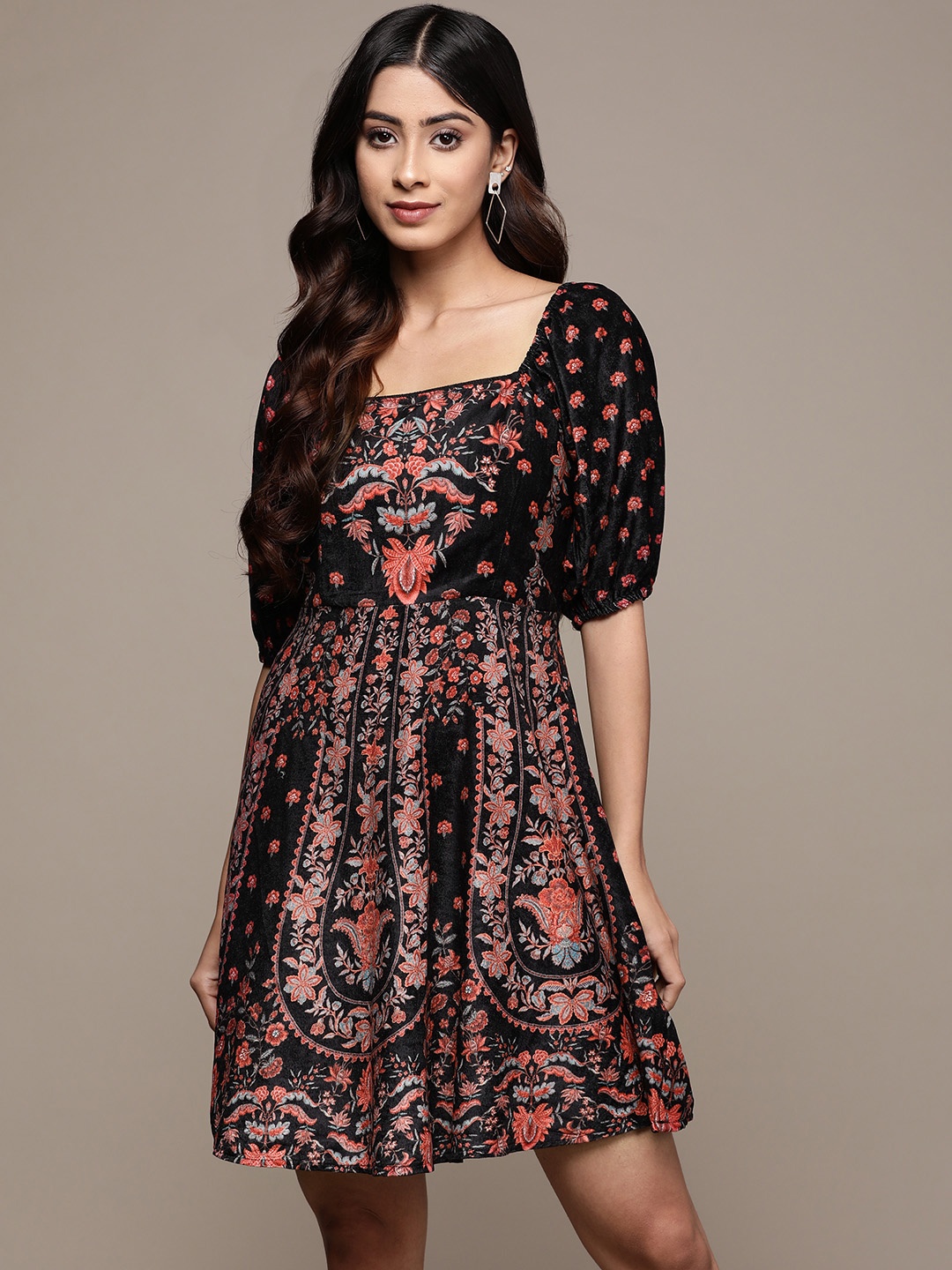 

Label Ritu Kumar Black & Orange Floral Velvet A-Line Dress