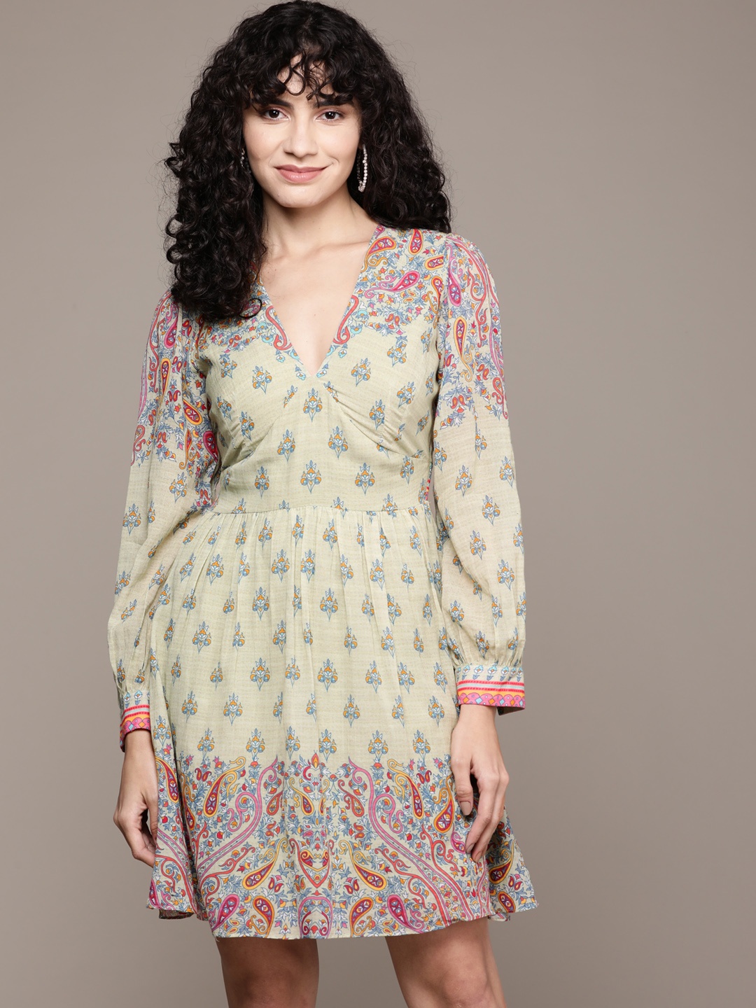 

Label Ritu Kumar Women Green & Pink Ethnic Motifs Dress