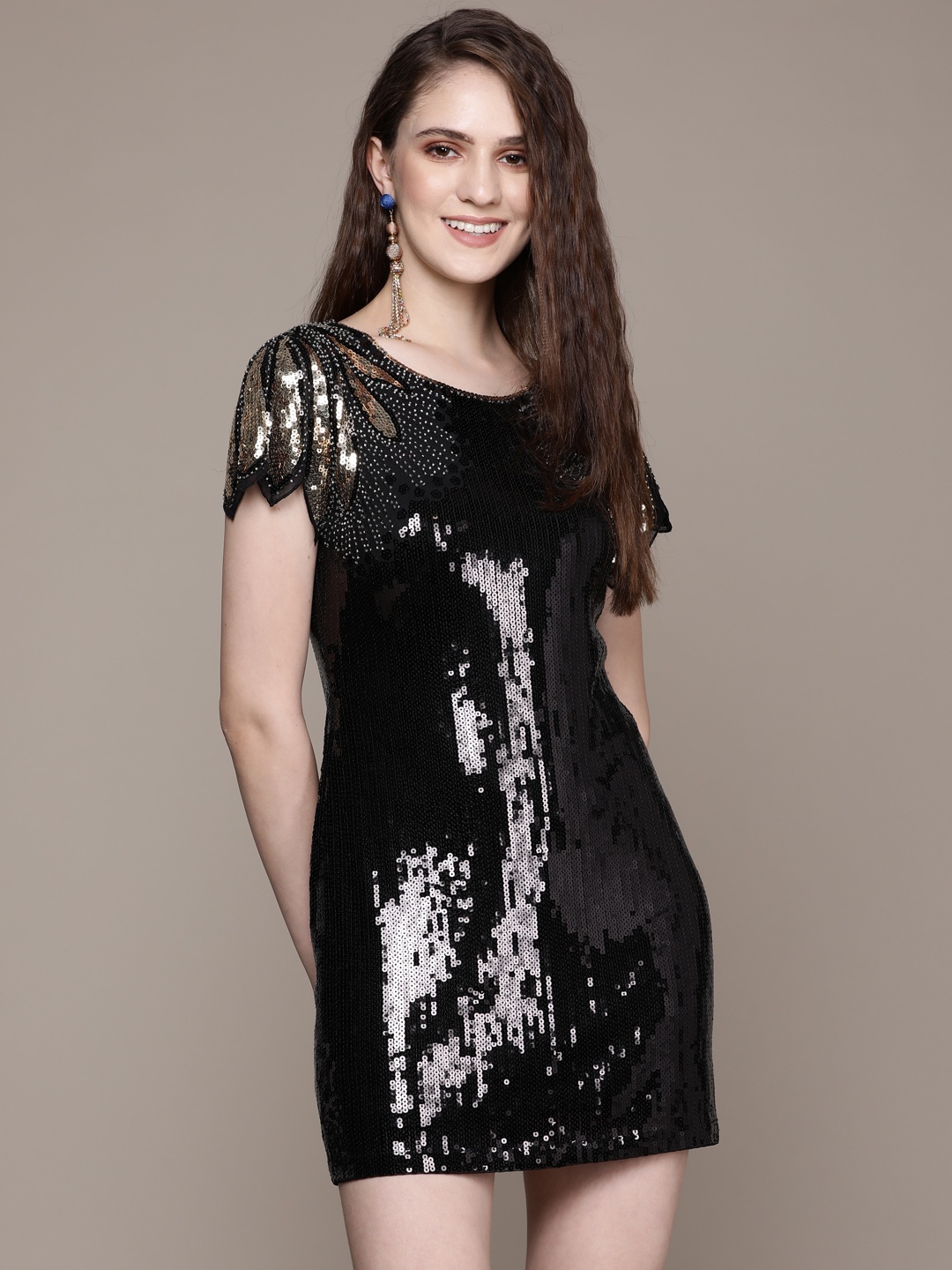 

Label Ritu Kumar Women Black & Gold-Toned Embellished Bodycon Mini Dress