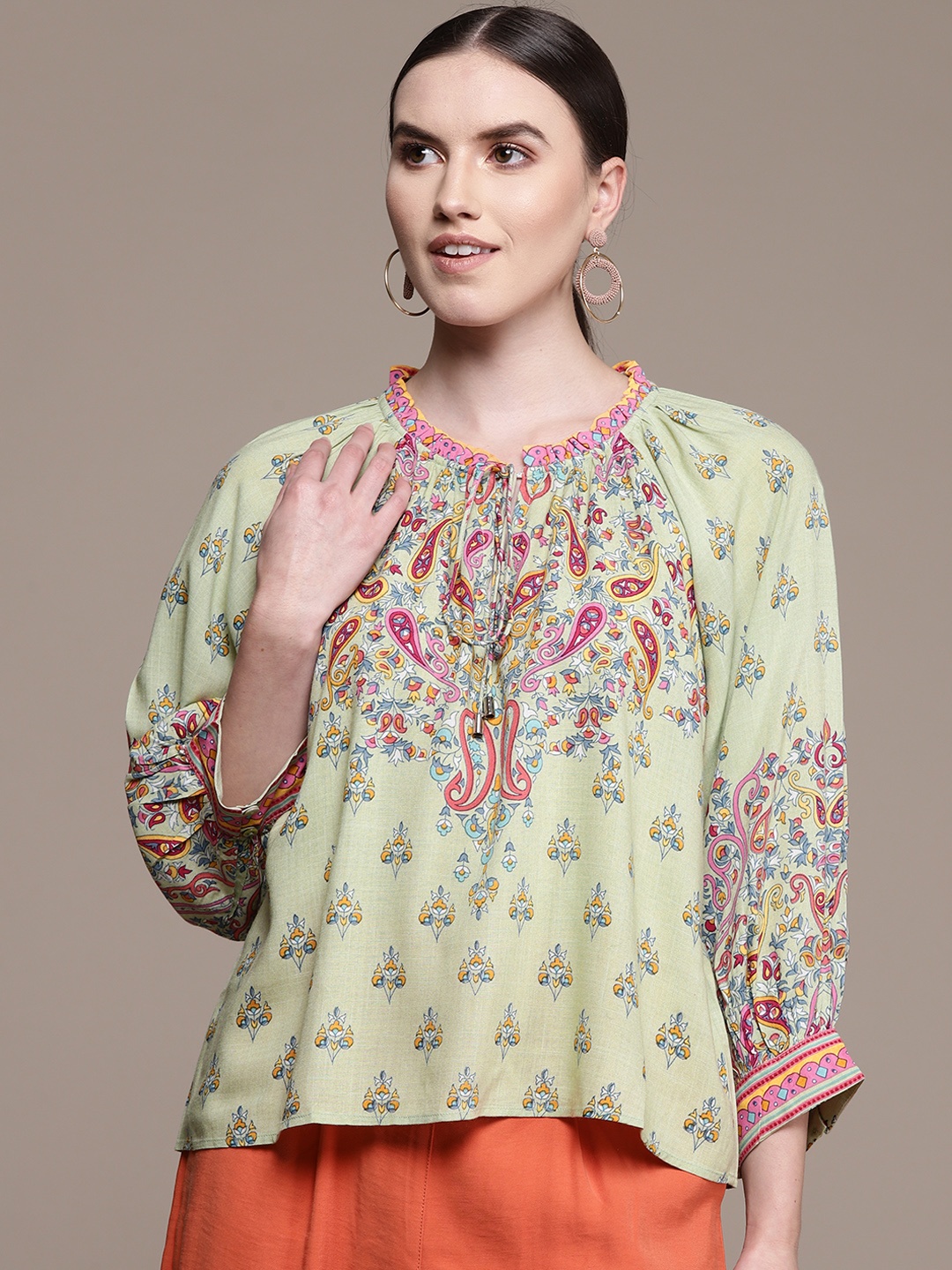 

Label Ritu Kumar Green & Pink Print Tie-Up Neck Top