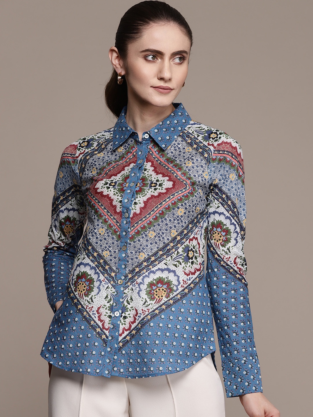 

Label Ritu Kumar Women Blue & Pink Relaxed Printed Casual Shirt