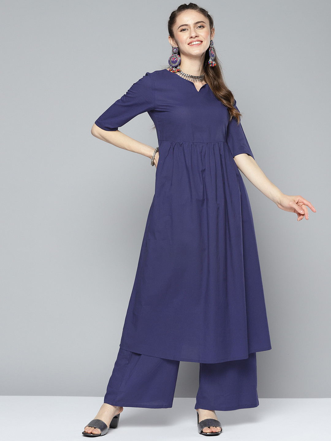 

HERE&NOW Women Pure Cotton Kurta with Palazzos, Blue