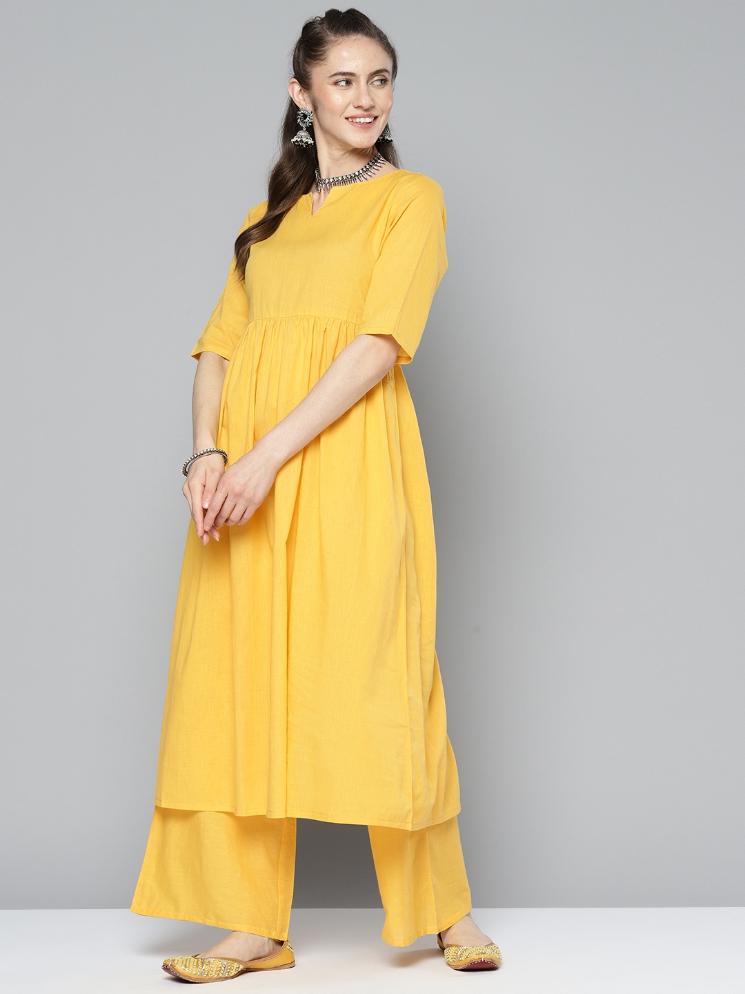 

HERE&NOW Women Yellow Pure Cotton Kurta with Palazzos