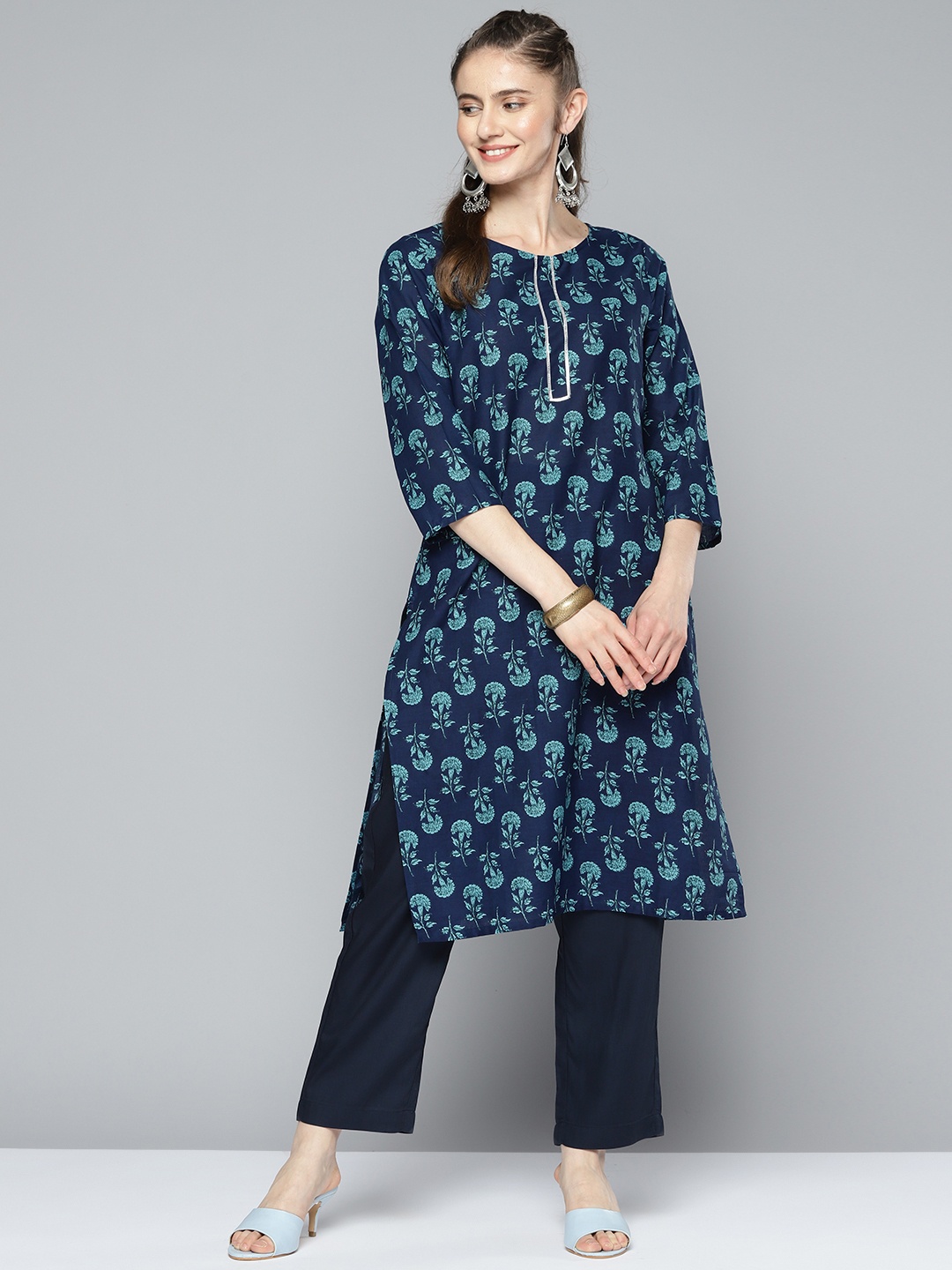 

HERE&NOW Women Ethnic Motifs Printed Kurta, Navy blue