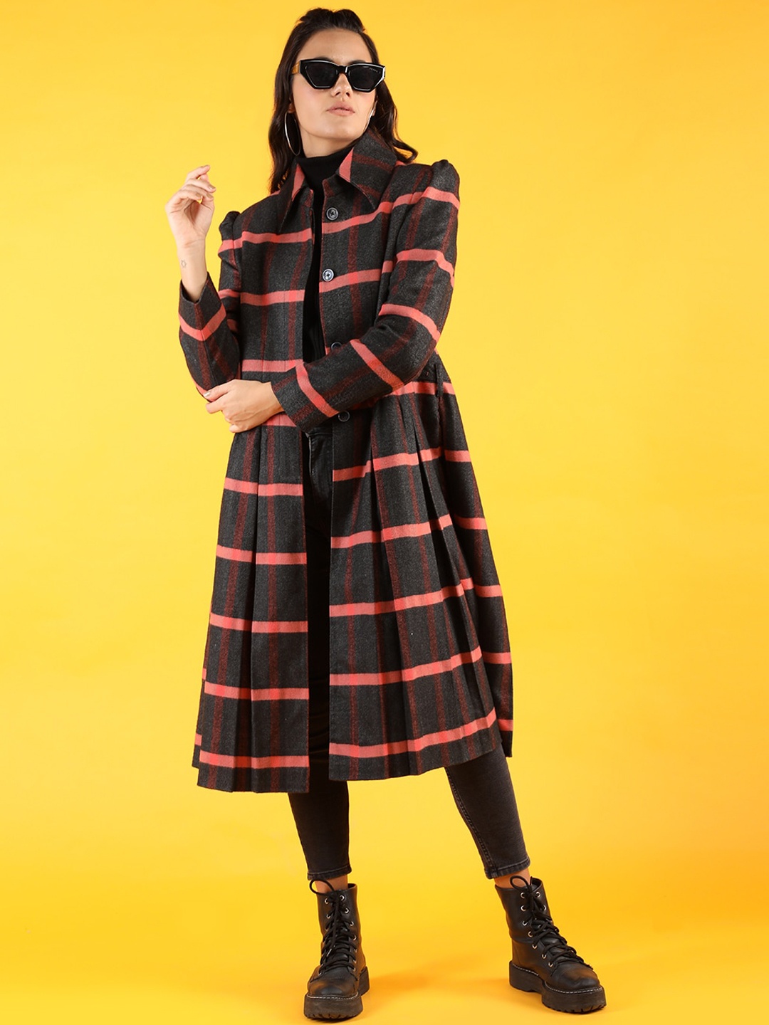 

Dlanxa Women Peach-Colored Checked Overcoat