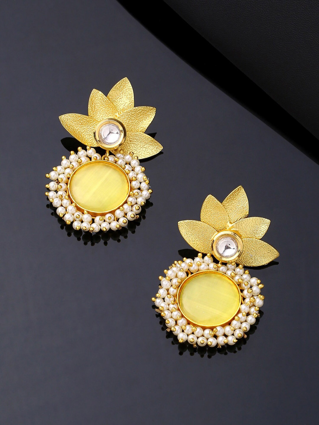 

Yellow Chimes Gold-Plated Floral Designed Crystal Studded Drop Earrings