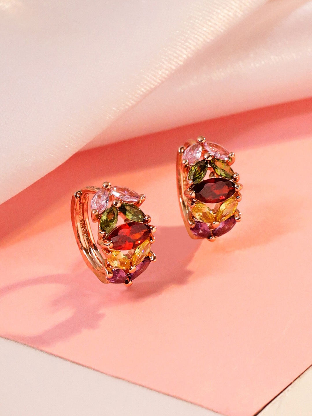 

Yellow Chimes Rose Gold-Plated Swiss Zircon Leafy Designed Hoop Earrings