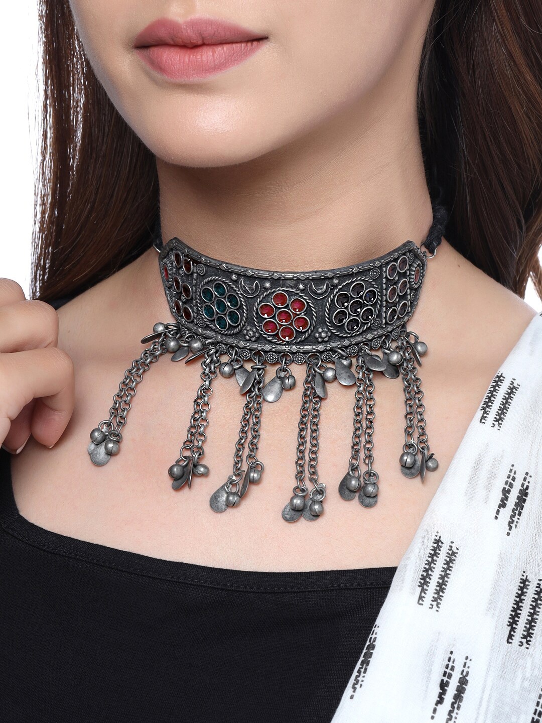 

Yellow Chimes Silver-Toned Oxidised Enamel Work Adjustable Choker Necklace