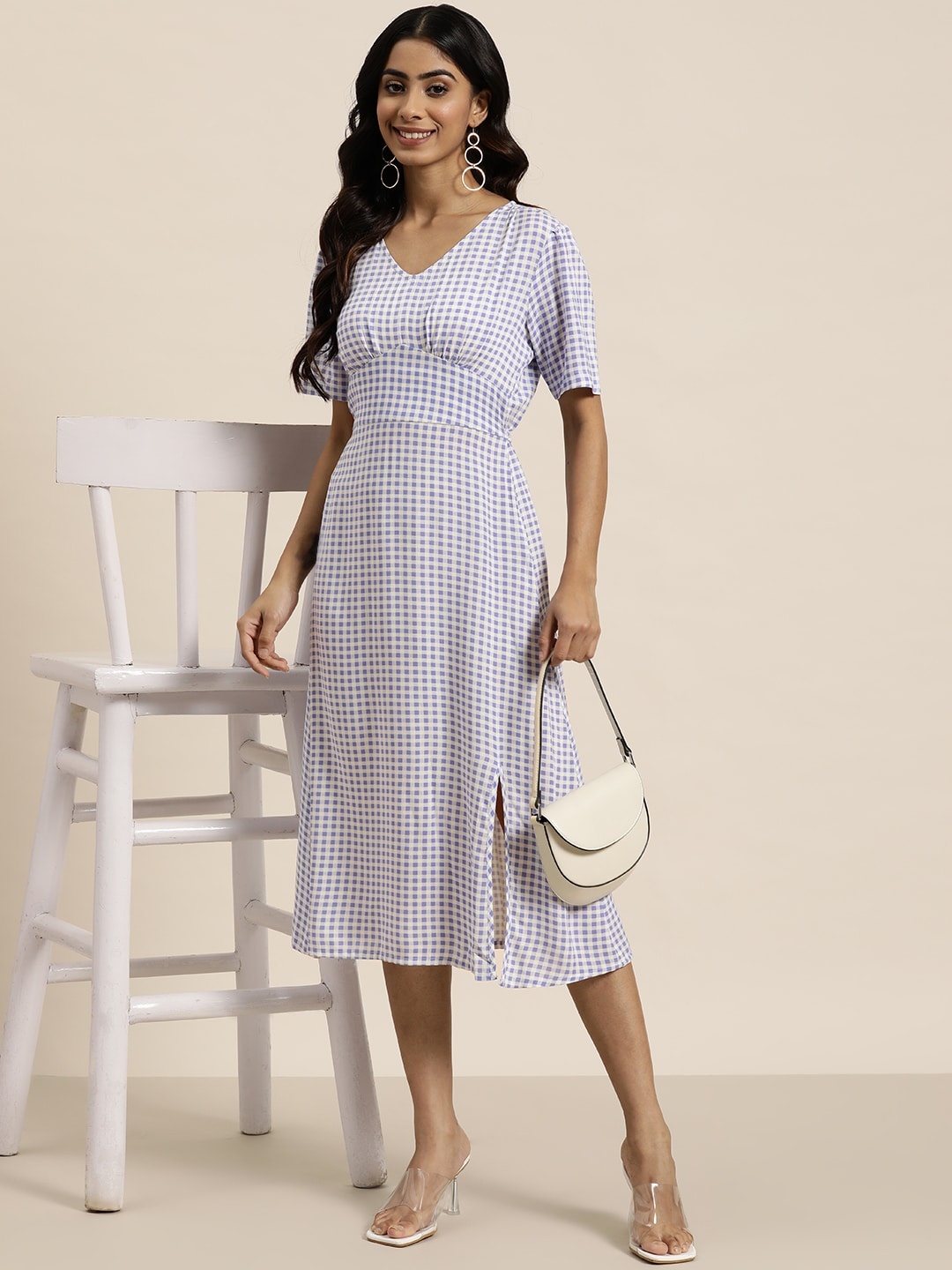 

HERE&NOW Checked A-Line Midi Dress, Blue