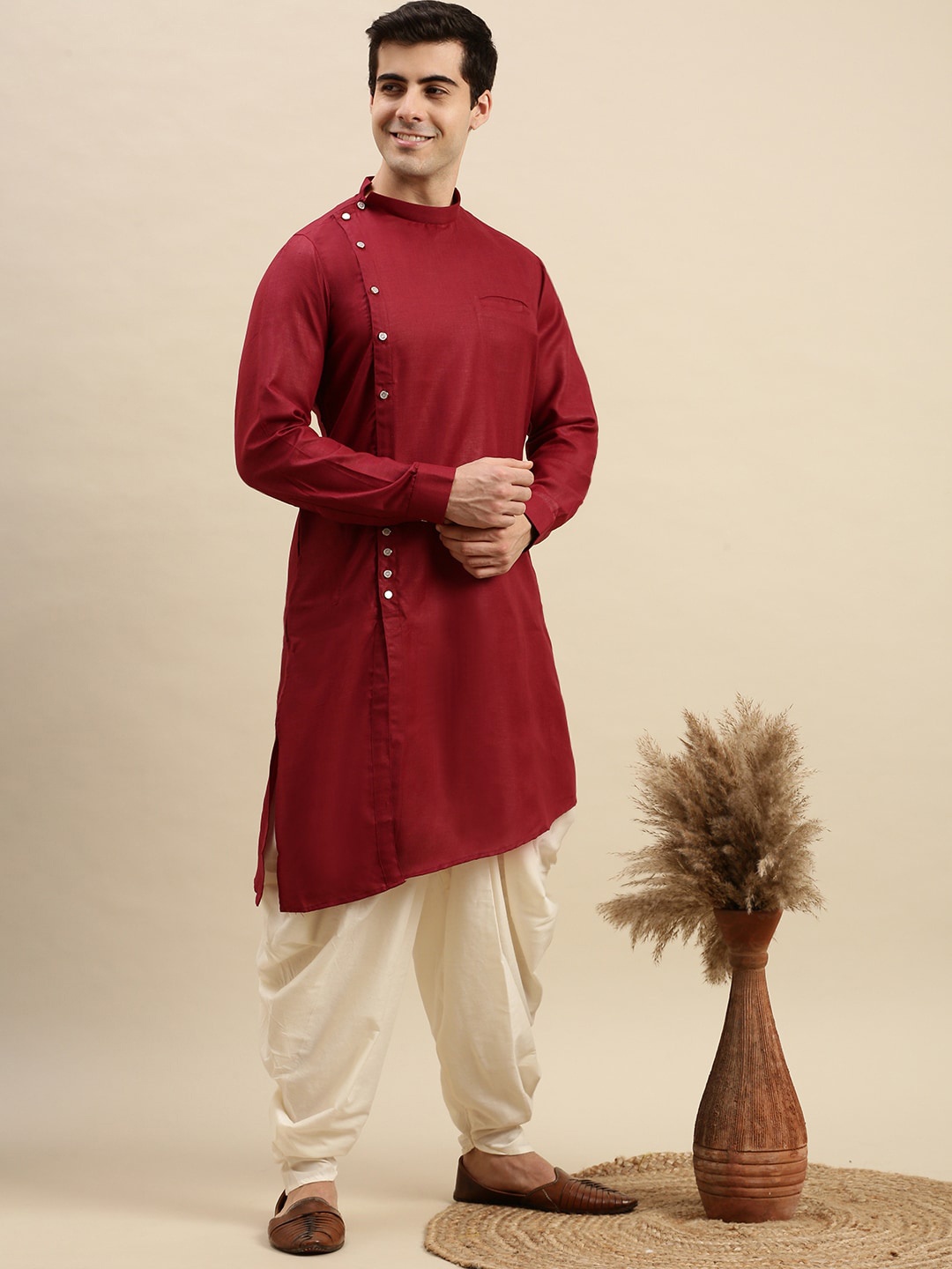 

Sanwara Men Maroon & Cream Pure Cotton Kurta with Dhoti Pants