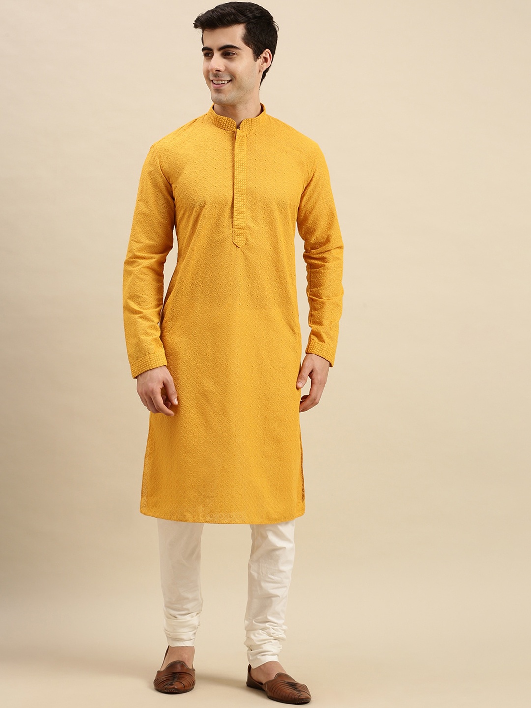 

Sanwara Men Yellow Ethnic Motifs Embroidered Chikankari Pure Cotton Kurta with Pyjamas