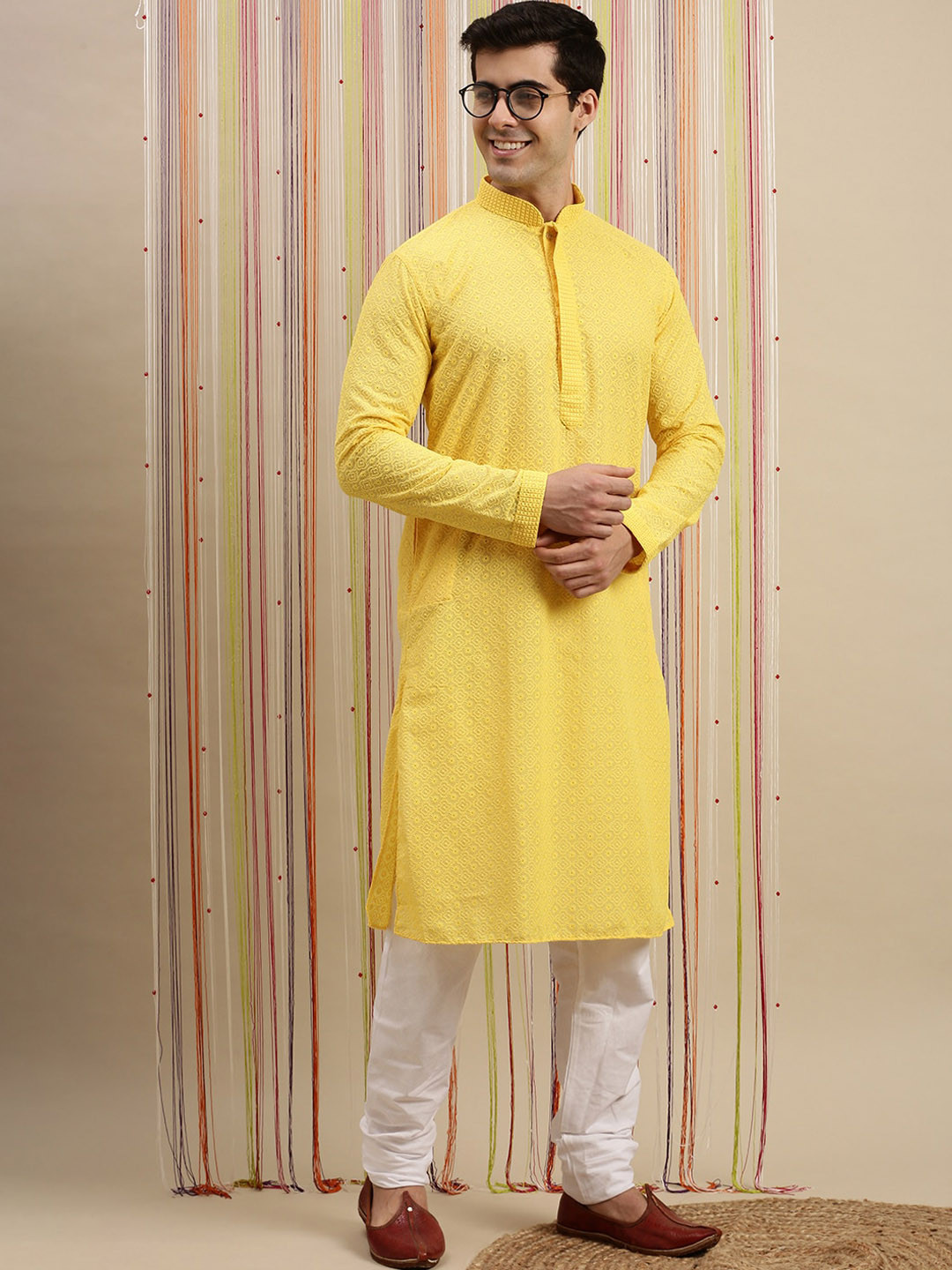 

Sanwara Men Yellow Floral Embroidered Chikankari Pure Cotton Kurta with Churidar