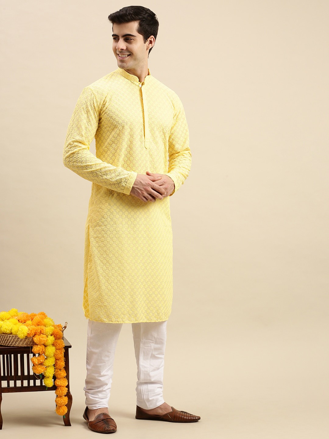 

Sanwara Men Yellow Chikankari Pure Cotton Kurta with Pyjamas