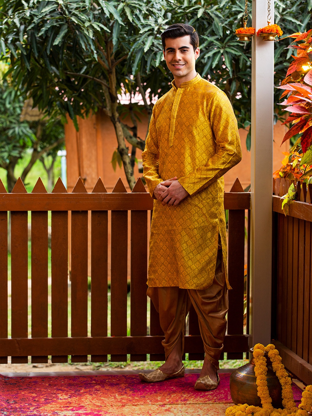

Sanwara Men Yellow Kurta with Dhoti Pants