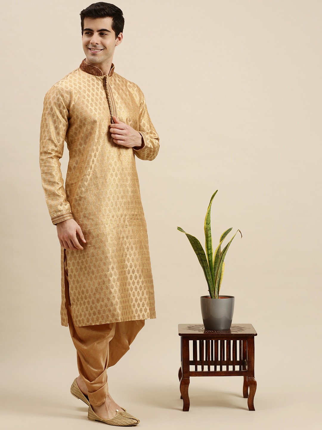 

Sanwara Men Beige Woven Design Thread Work Art Silk Kurta with Dhoti Pants