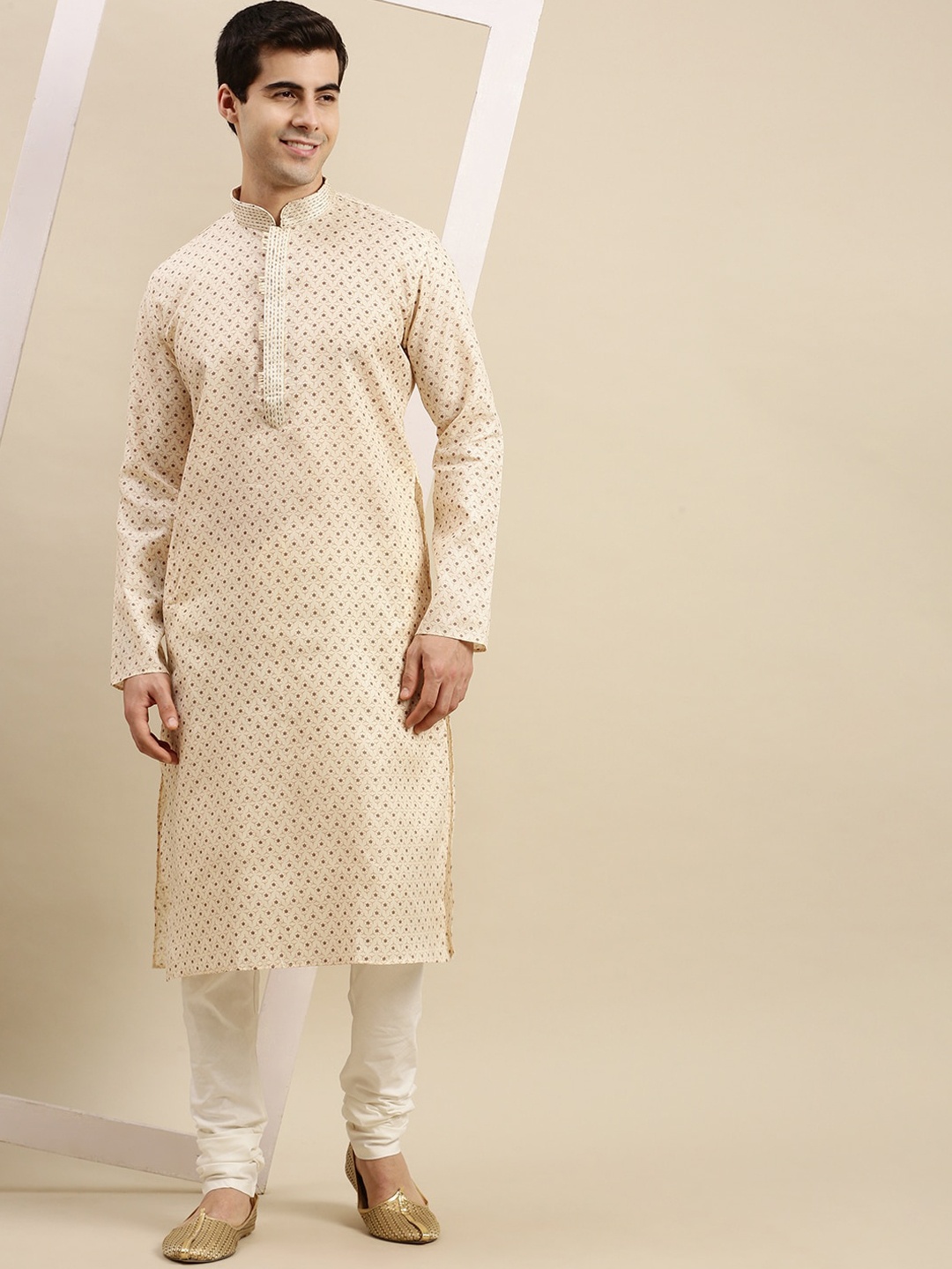 

Sanwara Men Beige Ethnic Motifs Printed Thread Work Pure Cotton Kurta with Pyjamas