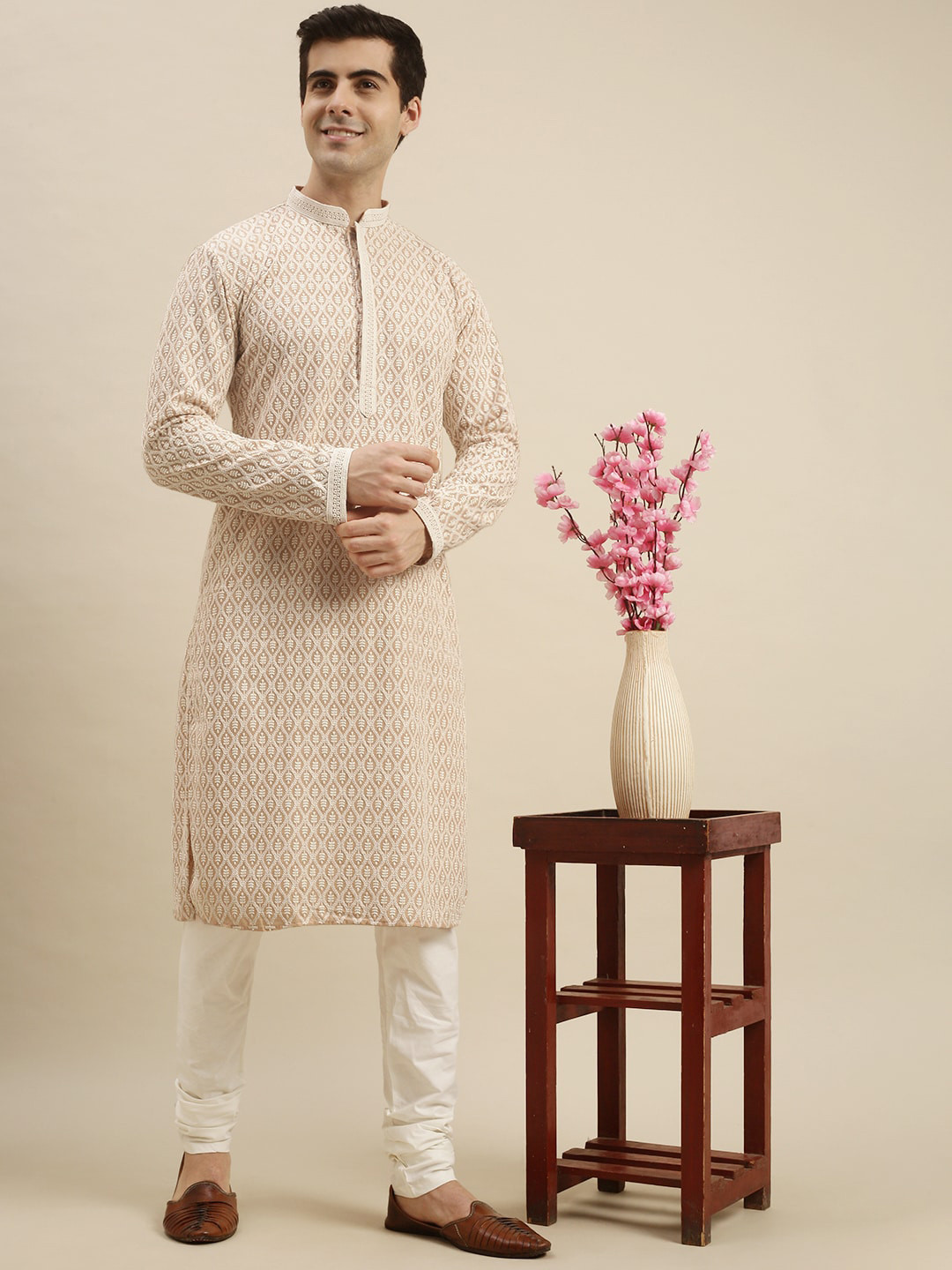 

Sanwara Men Beige Ethnic Motifs Embroidered Chikankari Pure Cotton Kurta with Pyjamas