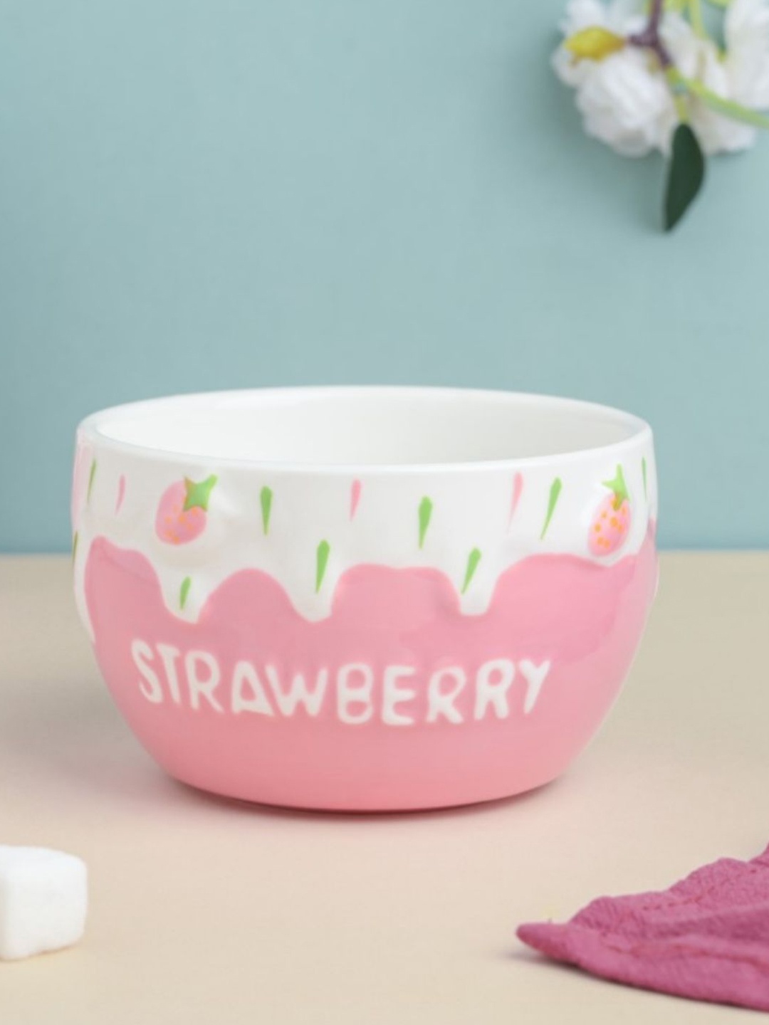 

Nestasia White & Pink Printed Microwave safe Ceramic Glossy Bowl