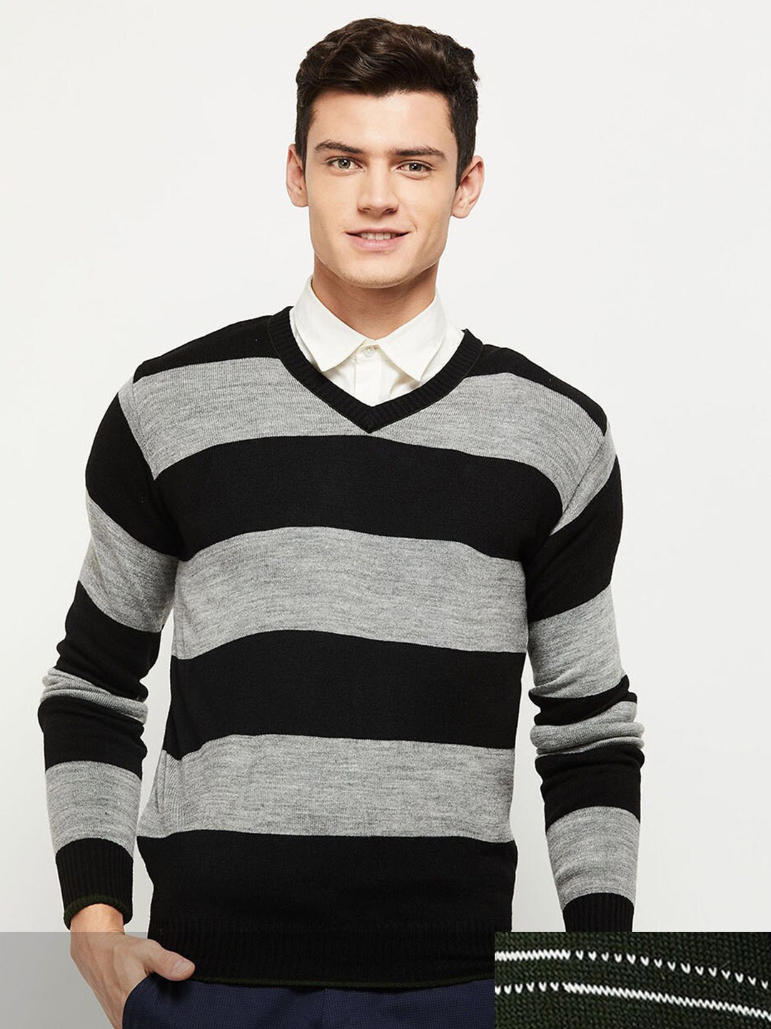 

max Men Green & Grey Striped Reversible Acrylic Sweater