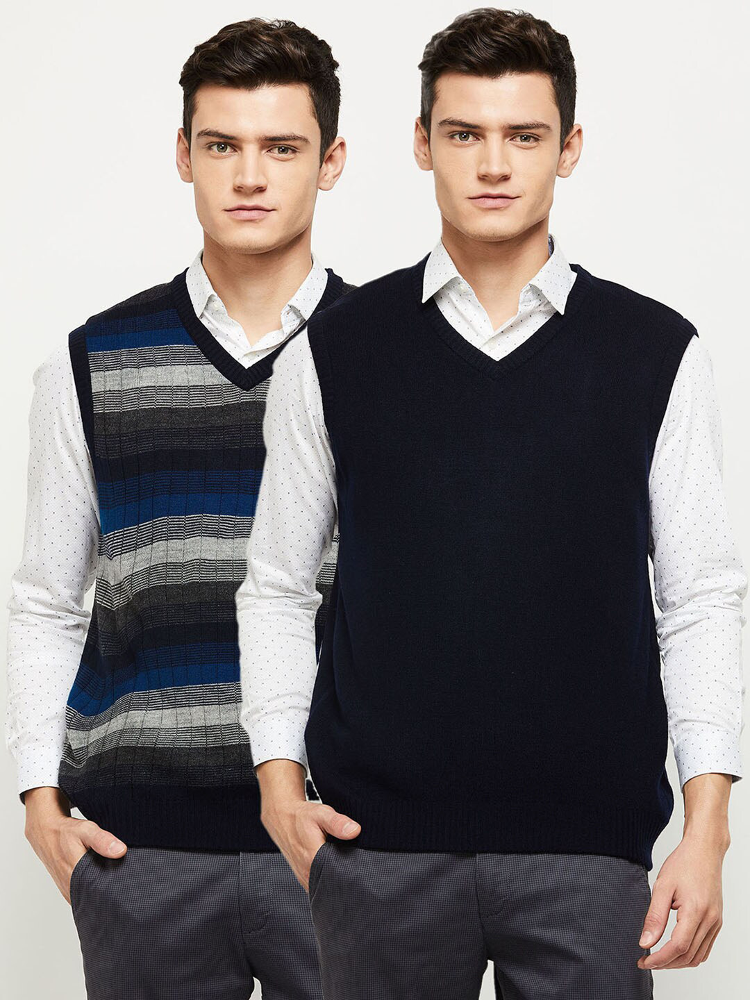 

max Men Blue & Off White Striped Striped Sweater Vest