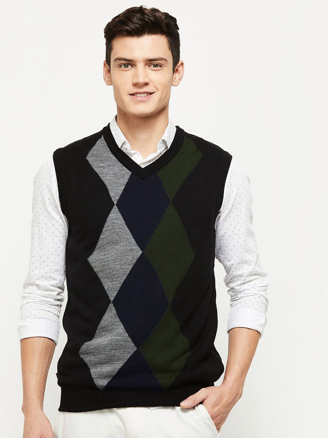 

max Men Black & Grey Self Design Sweater Vest