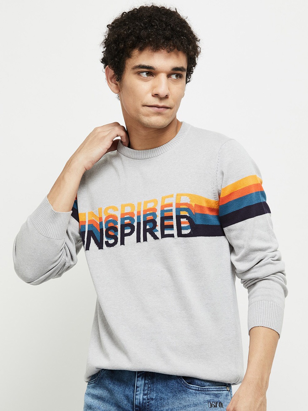 

max Men Grey Melange & Blue Typography Printed Pullover