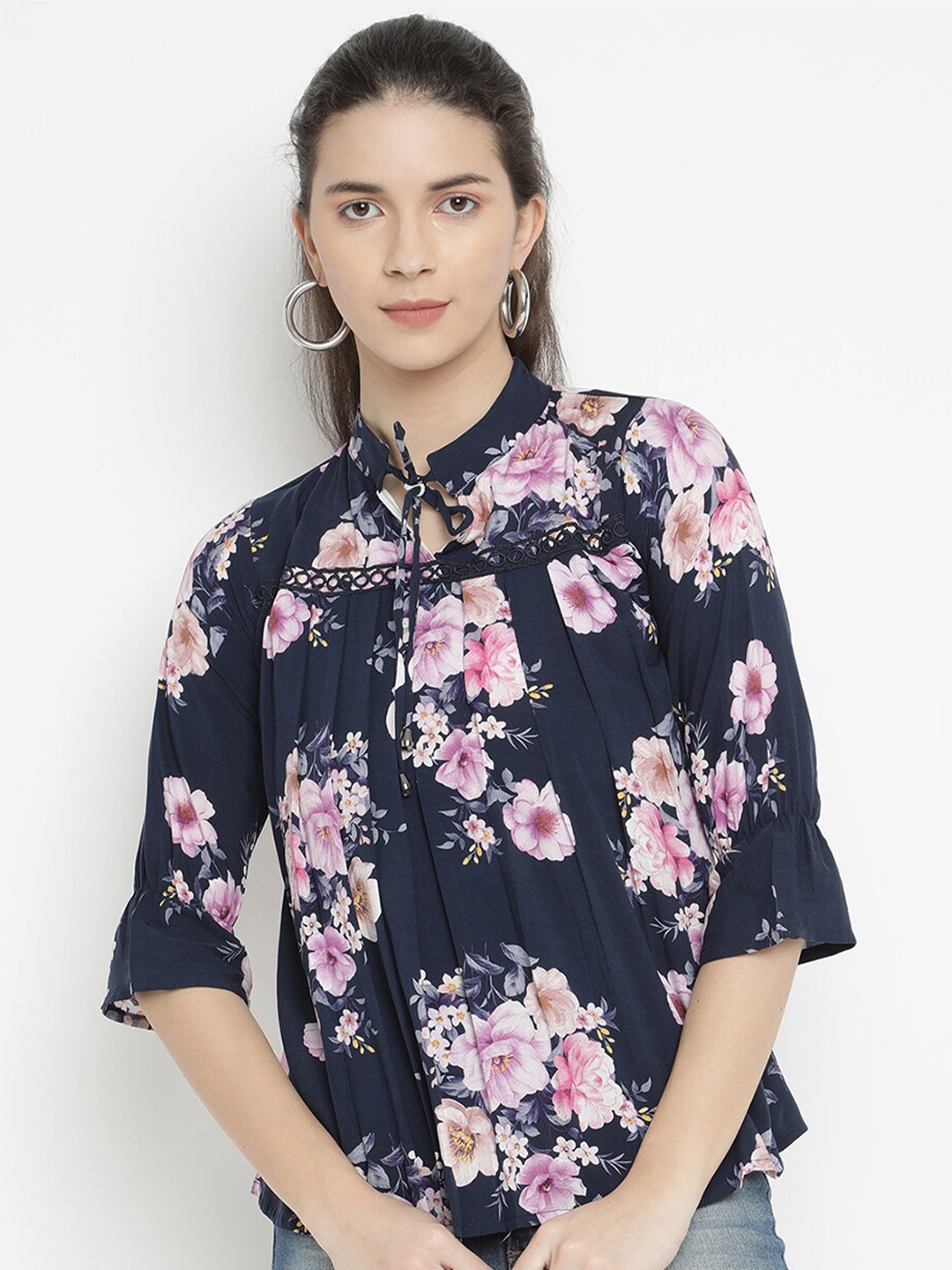 

V2 Value & Variety Women Navy Blue & Pink Floral Printed Modal Tie-Up Neck Top