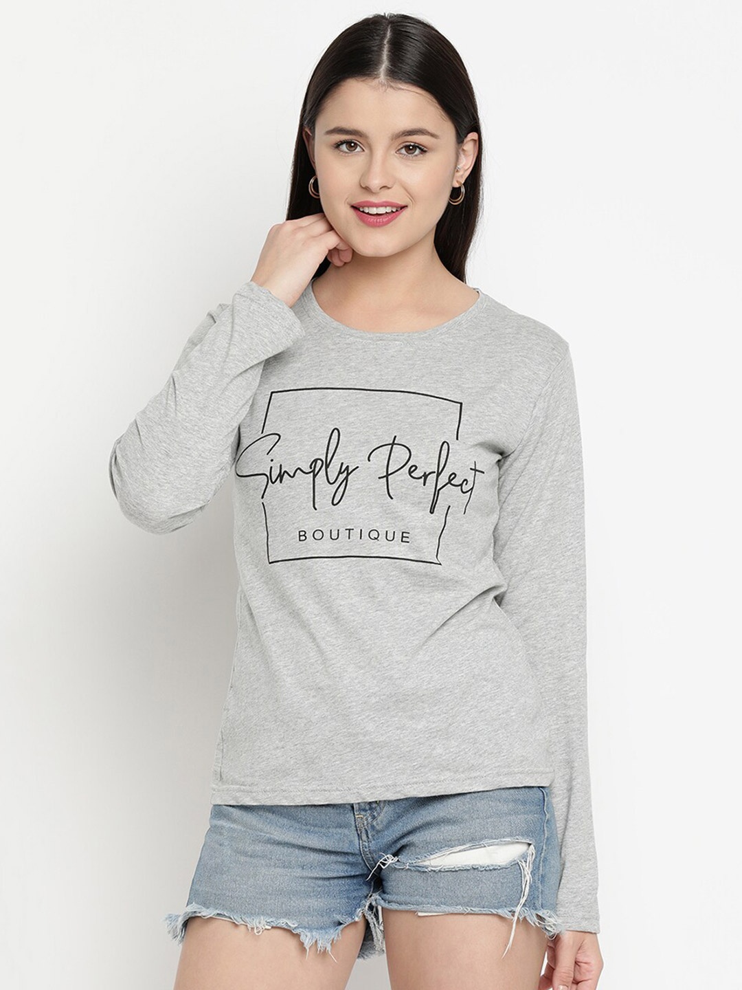

V2 Value & Variety Women Grey Typography Printed Cotton T-shirt