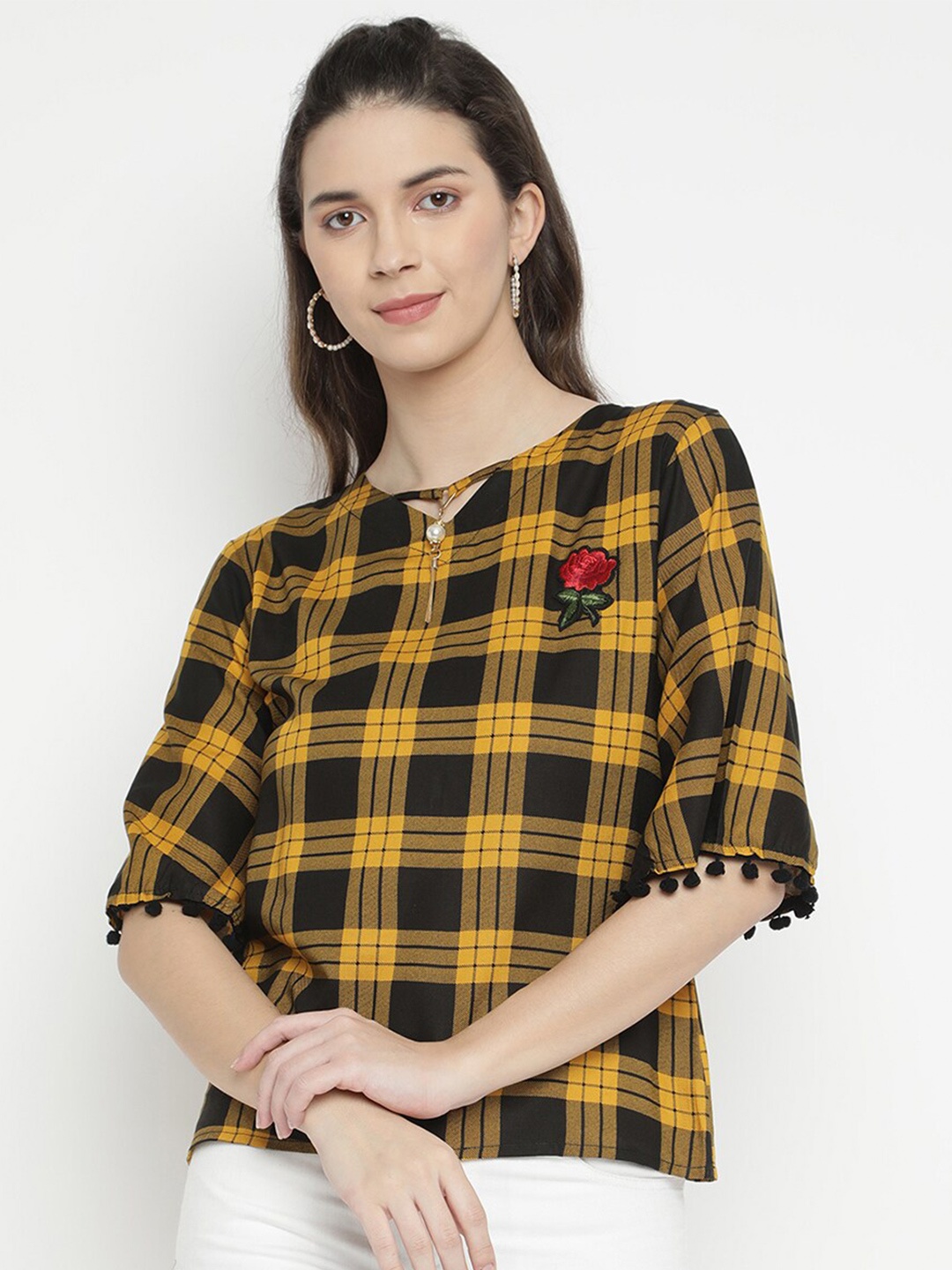 

V2 Value & Variety Women Mustard Yellow & Black Checked Keyhole Neck Top
