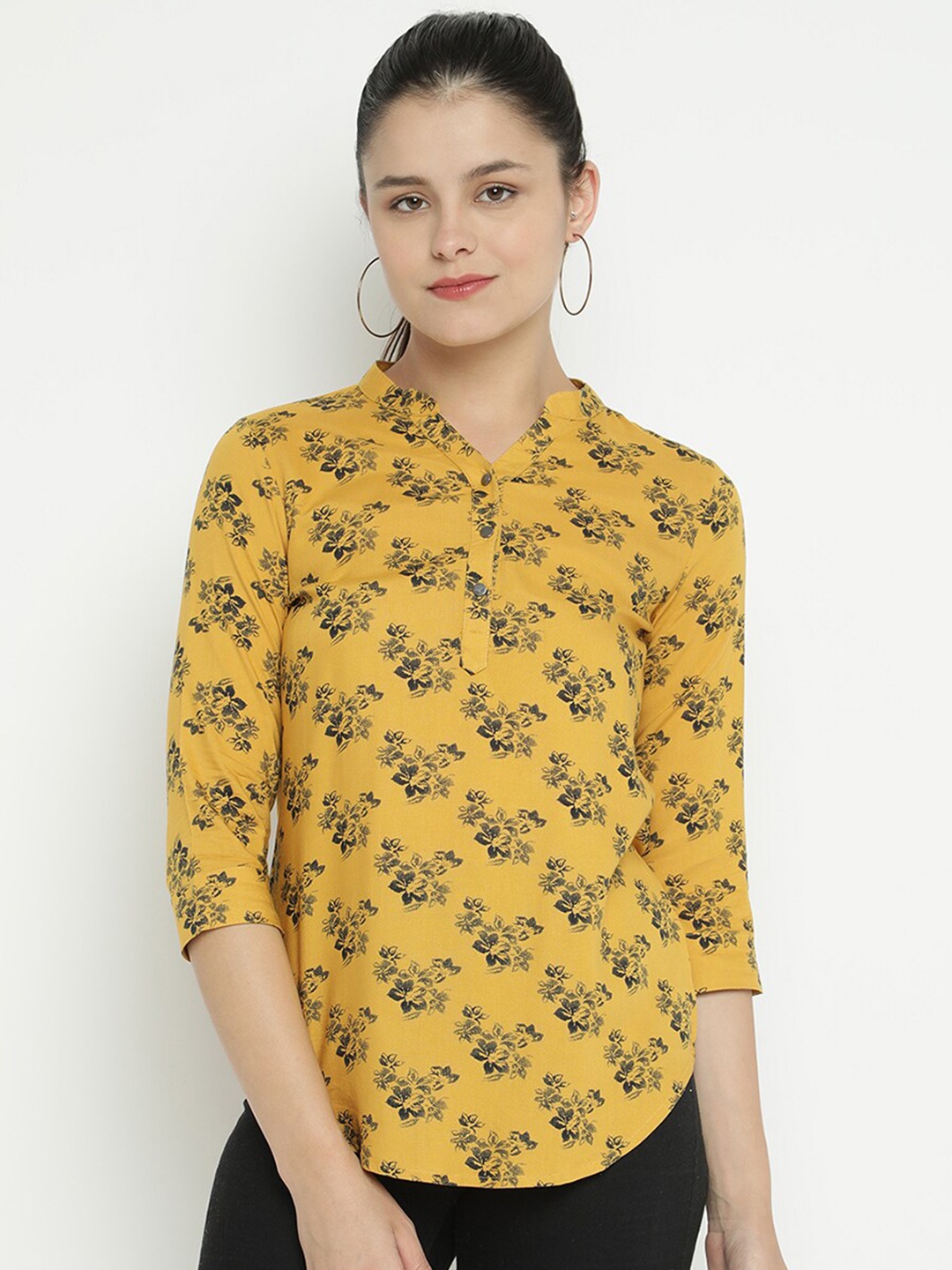 

V2 Value & Variety Mustard Yellow Floral Print Mandarin Collar Top