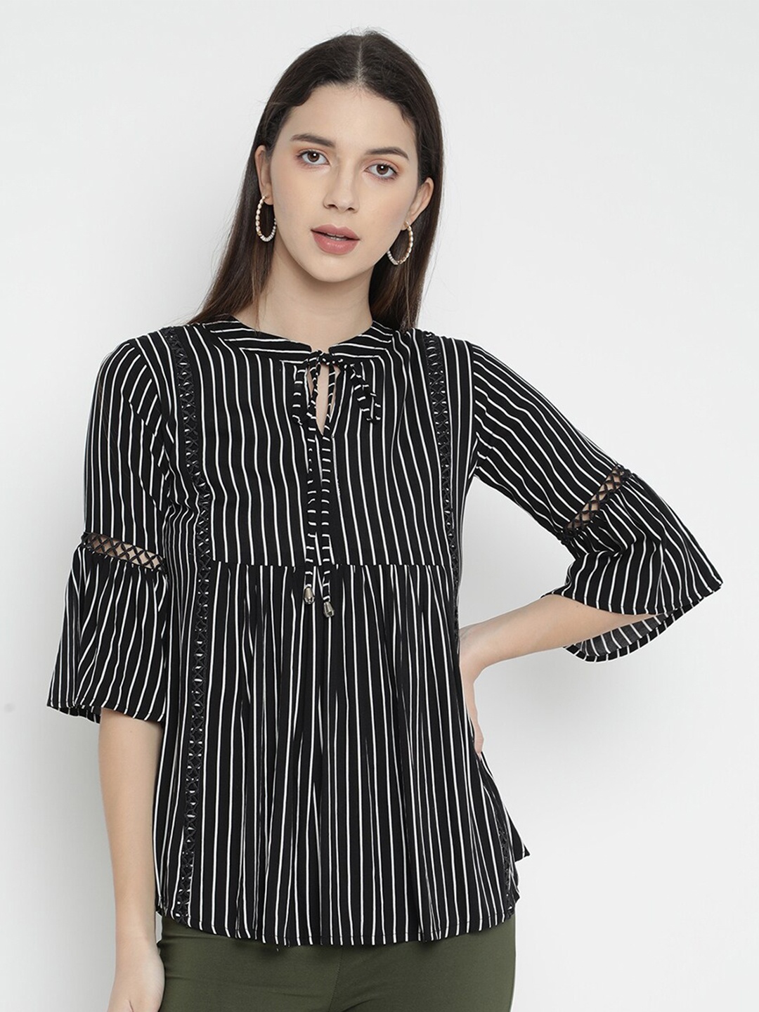 

V2 Value & Variety Black Striped Mandarin Collar Empire Top