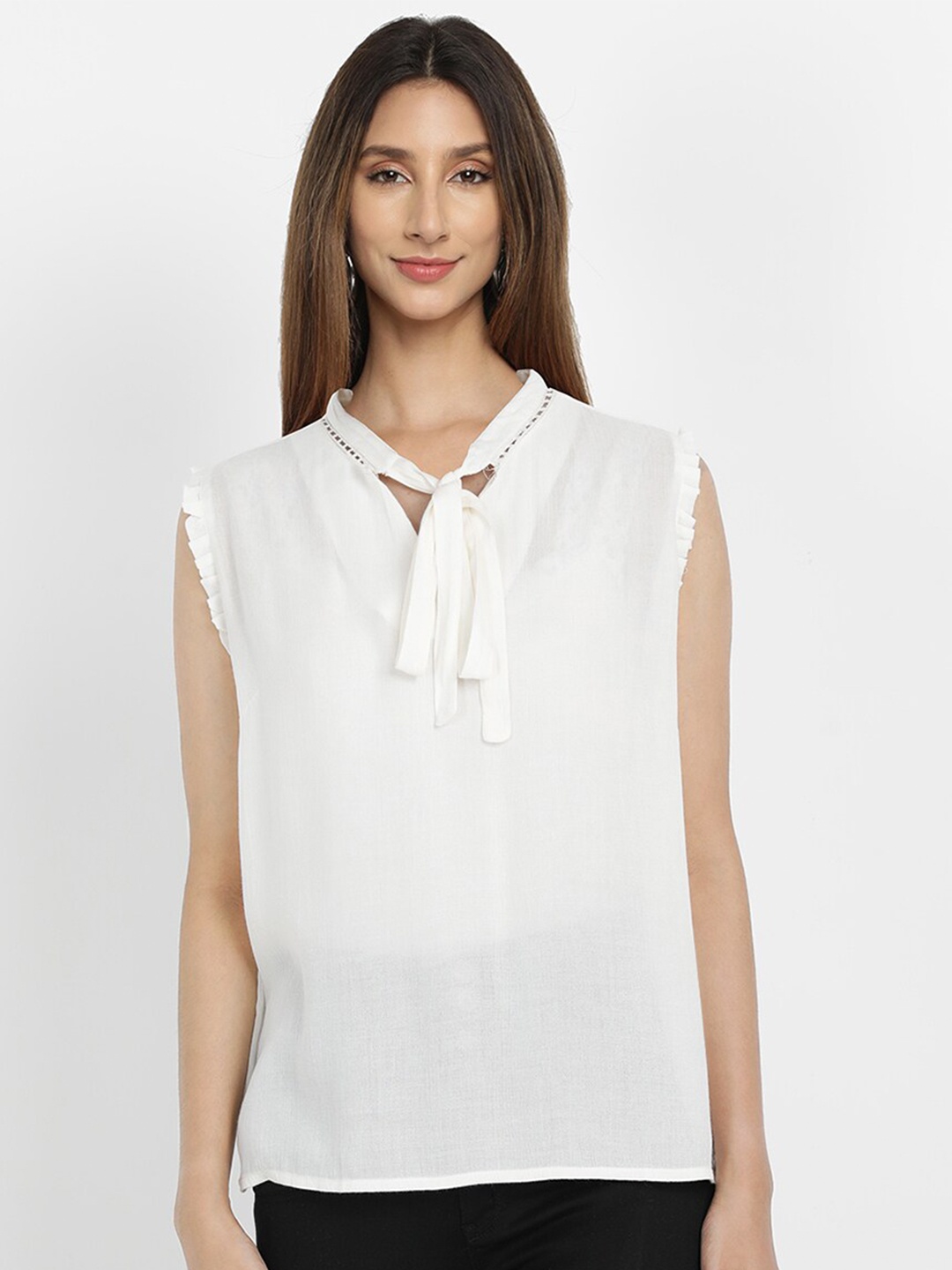 

V2 Value & Variety Women White Solid Cotton Blend Tie-Up Neck Sleeveless Top