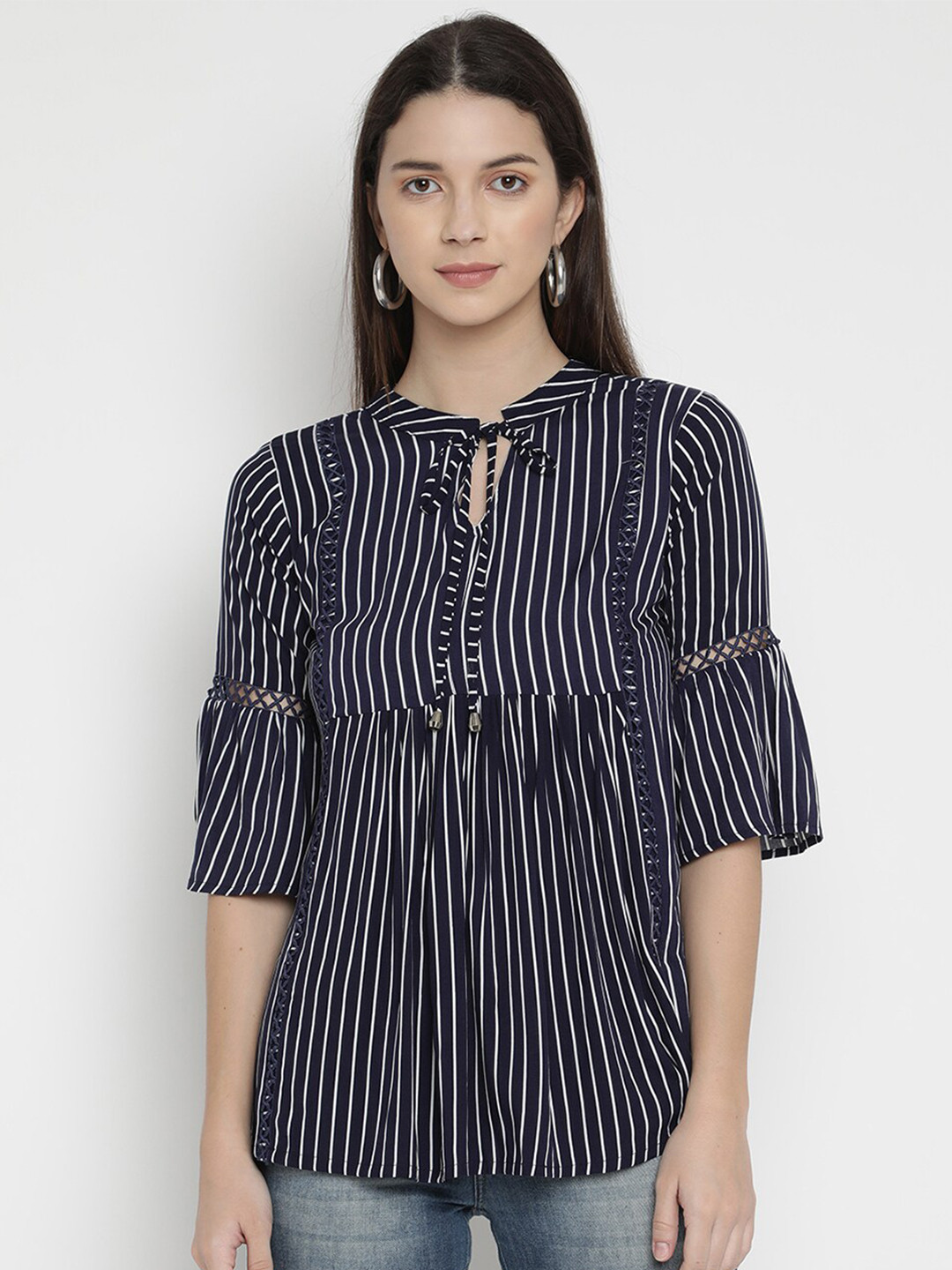 

V2 Value & Variety Women Blue Striped Tie-Up Neck Top