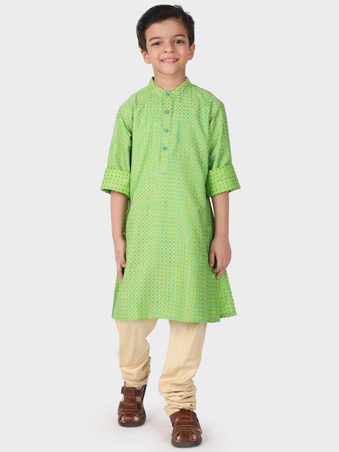 

Fabindia Boys Green & Cream-Coloured Floral Printed Kurta