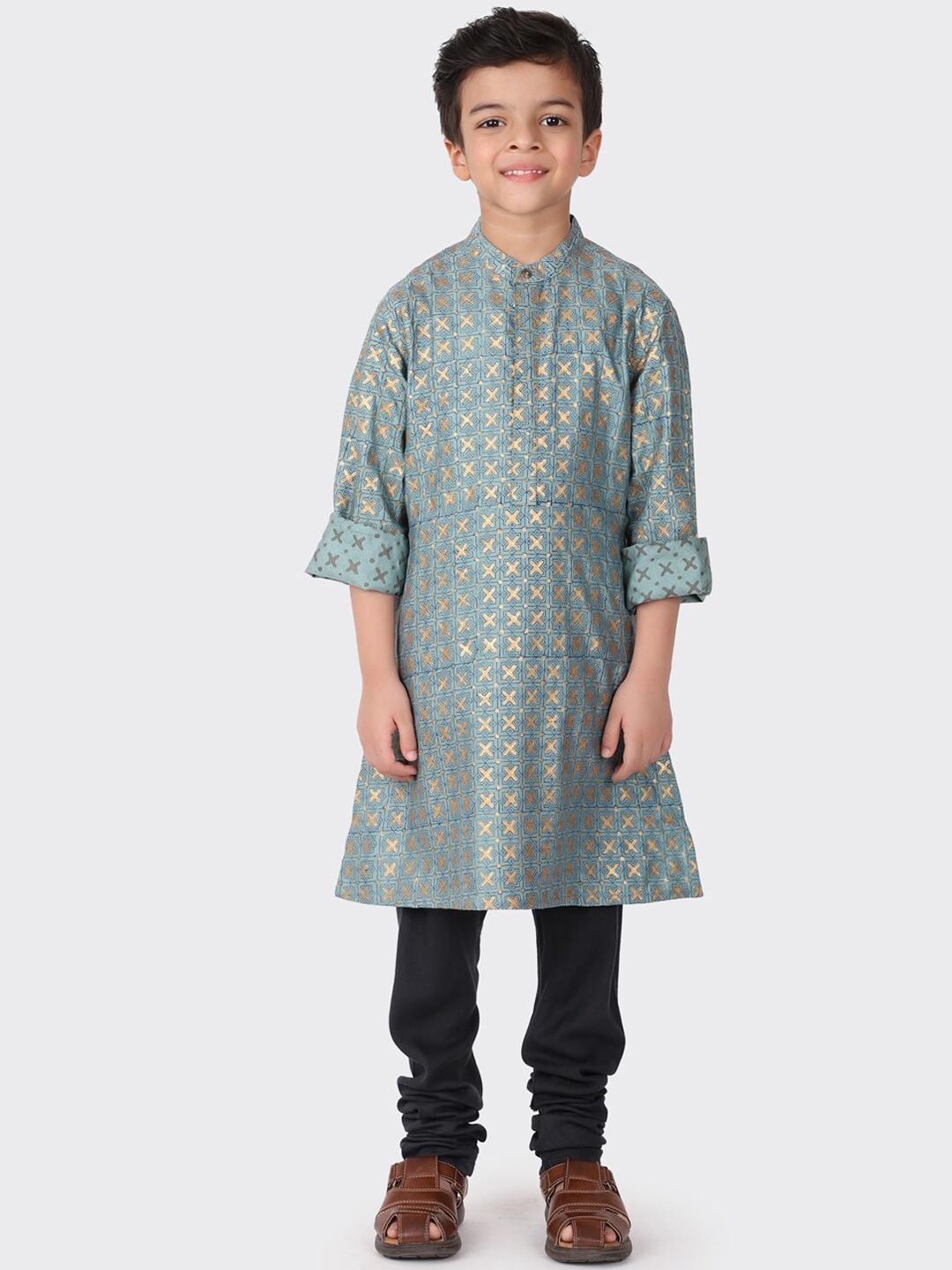 

Fabindia Boys Green & Blue Geometric Printed Kurta