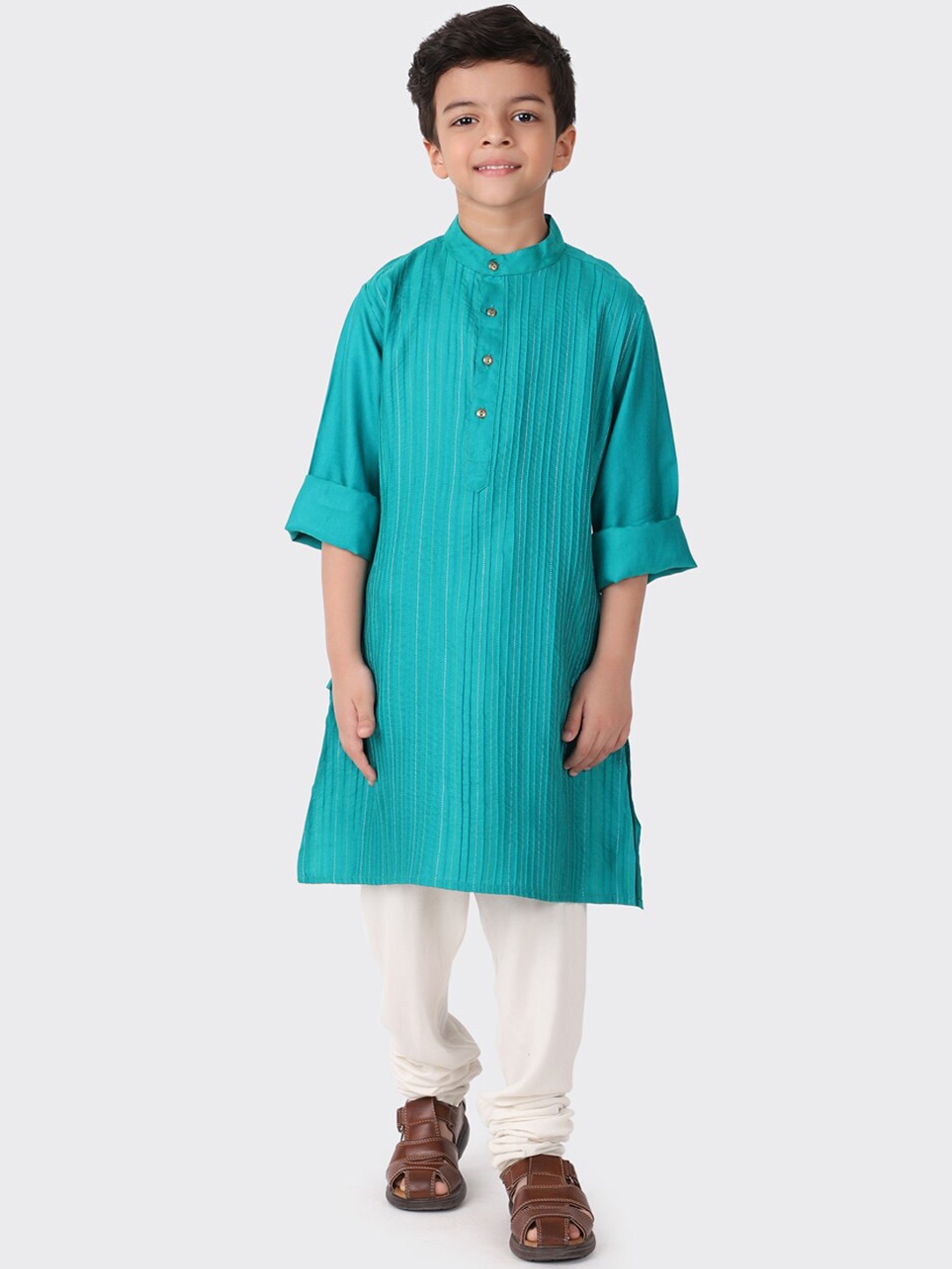 

Fabindia Boys Teal Blue Pin Tucks With Mandarin Collar Kurta