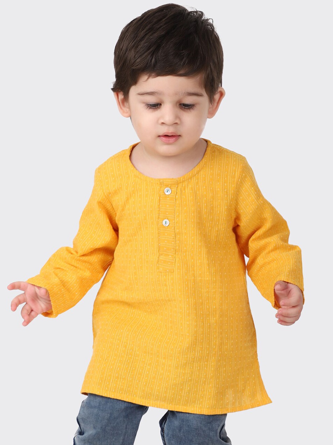 

Fabindia Boys Yellow Striped Cotton Dobby Straight Kurta