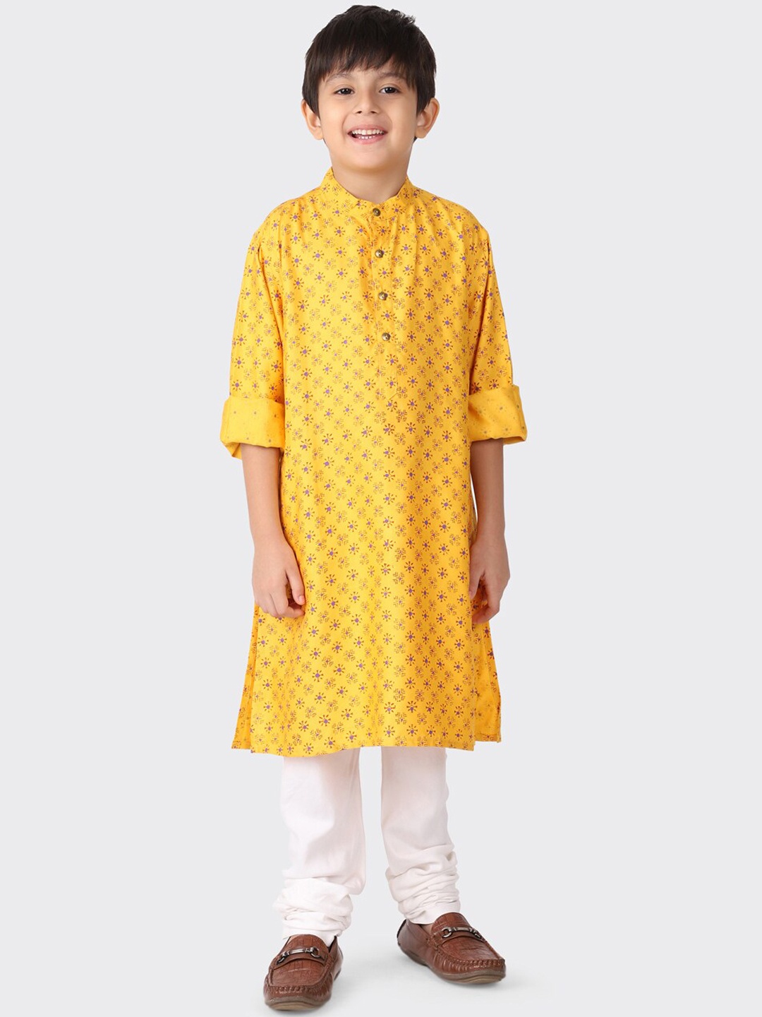 

Fabindia Boys Yellow & Purple Ethnic Motifs Kurta