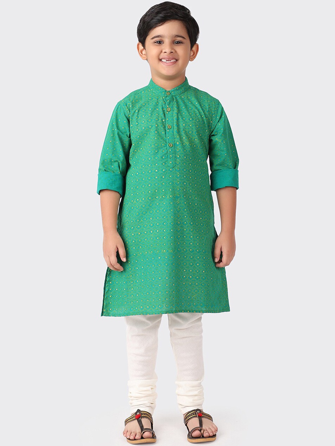 

Fabindia Boys Green & Yellow Geometric Printed Cotton Kurta