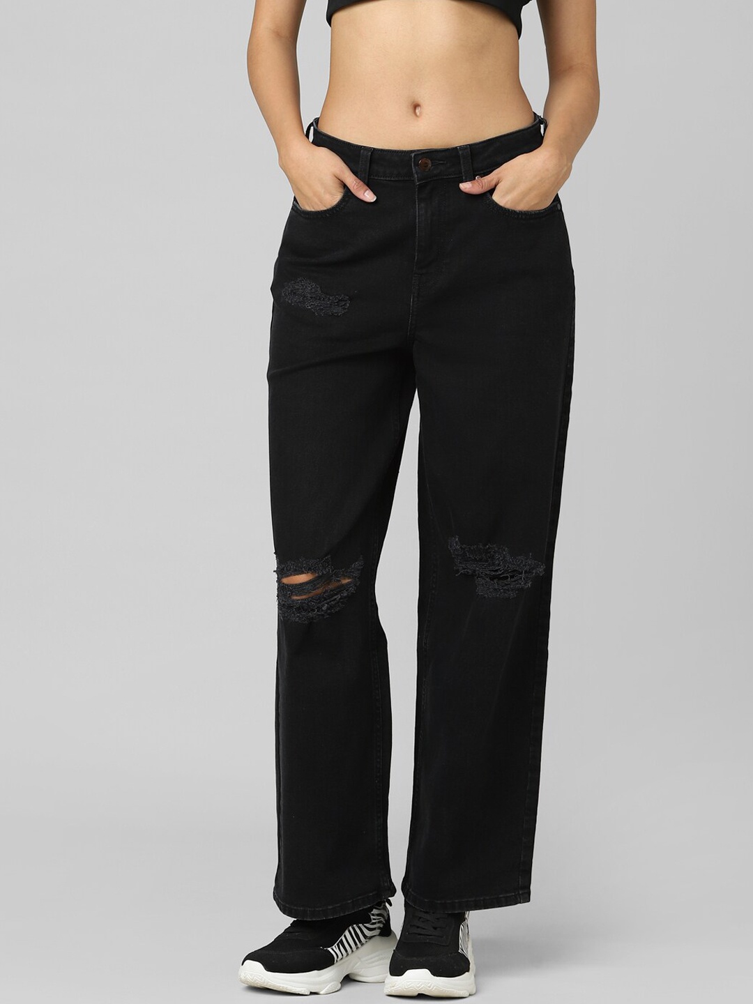

ONLY Women Black Straight Fit High-Rise Slash Knee Jeans