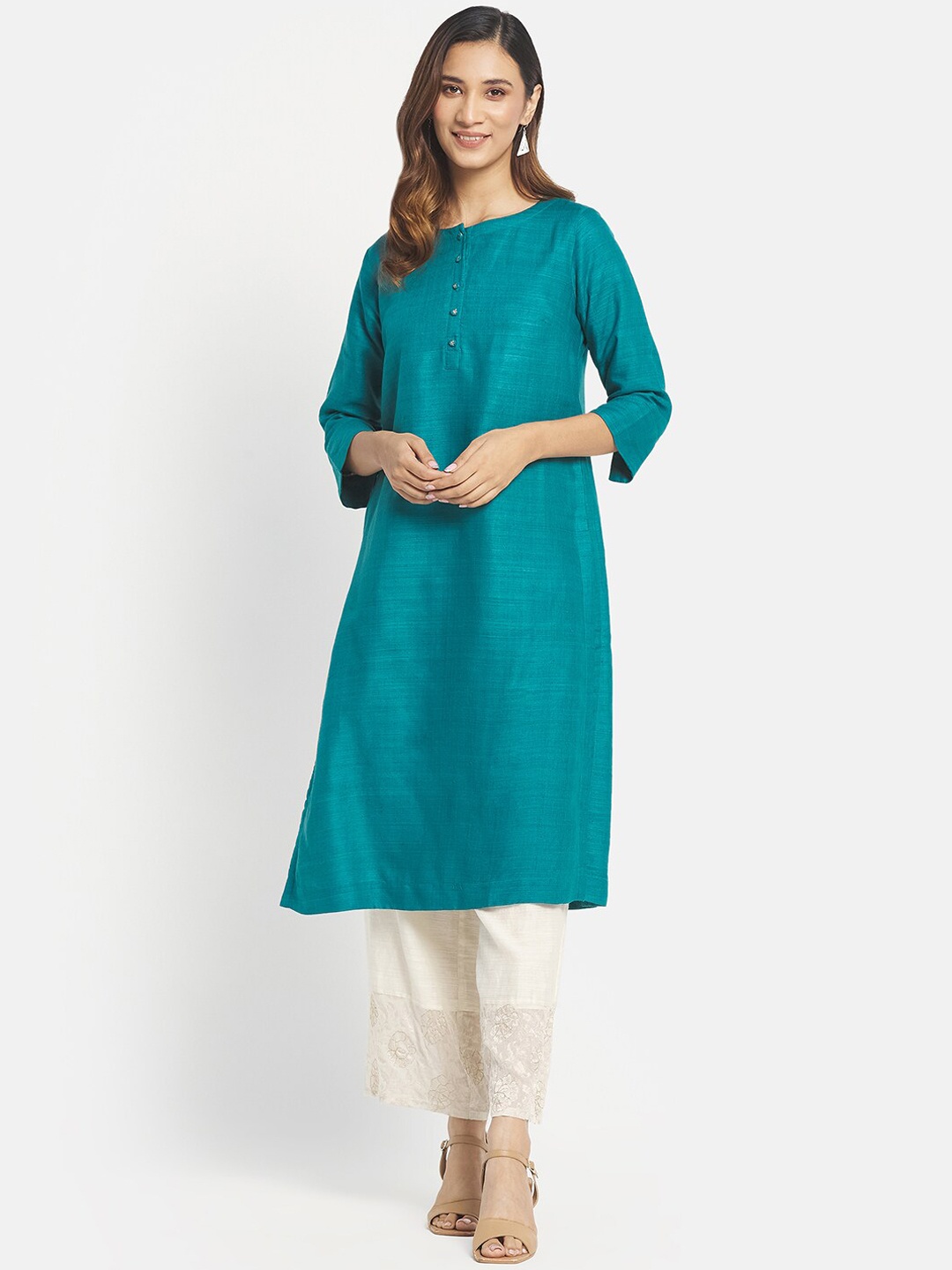 

Fabindia Women Teal Blue Silk Kurta
