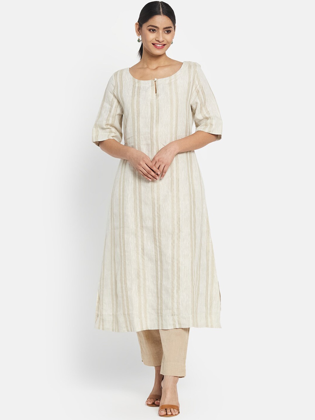 

Fabindia Women Beige & Cream-Coloured Striped Keyhole Neck Linen Kurta