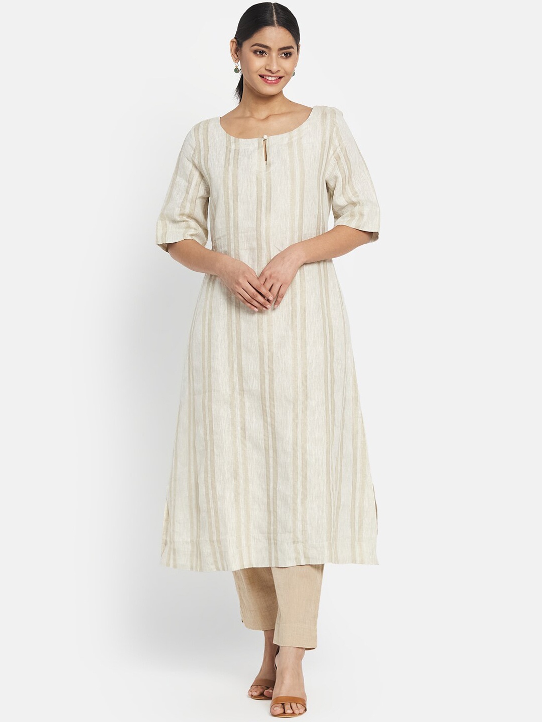 

Fabindia Women Beige Striped Keyhole Neck Kurta