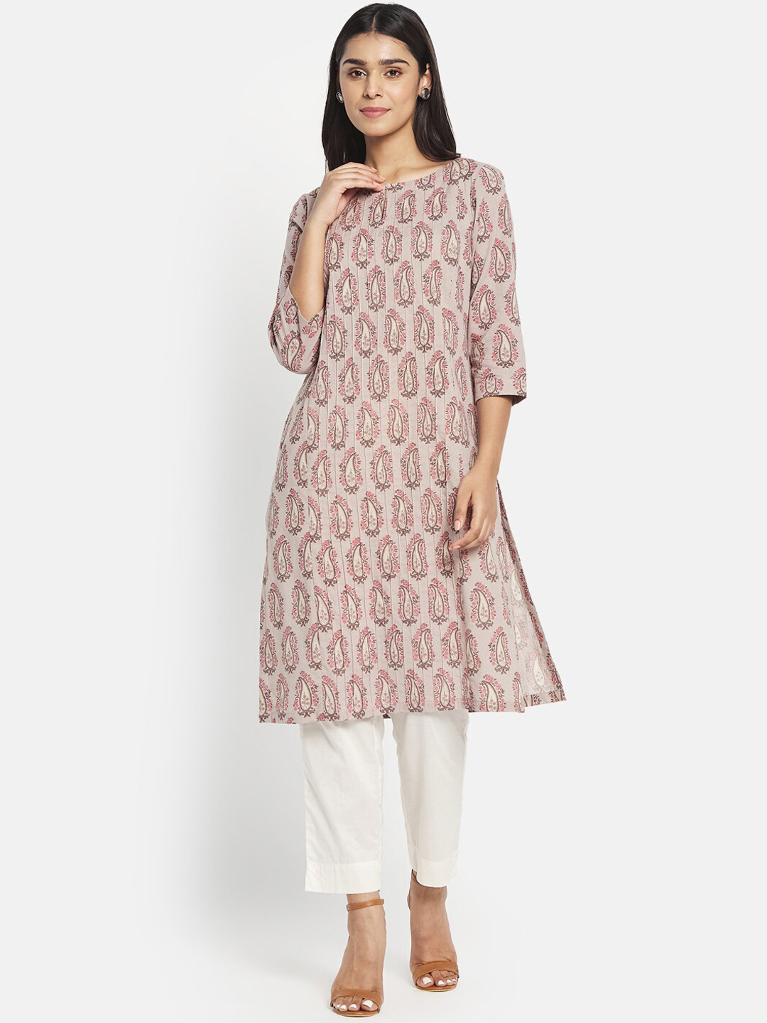 

Fabindia Women Beige Paisley Printed Pure Cotton Kurta