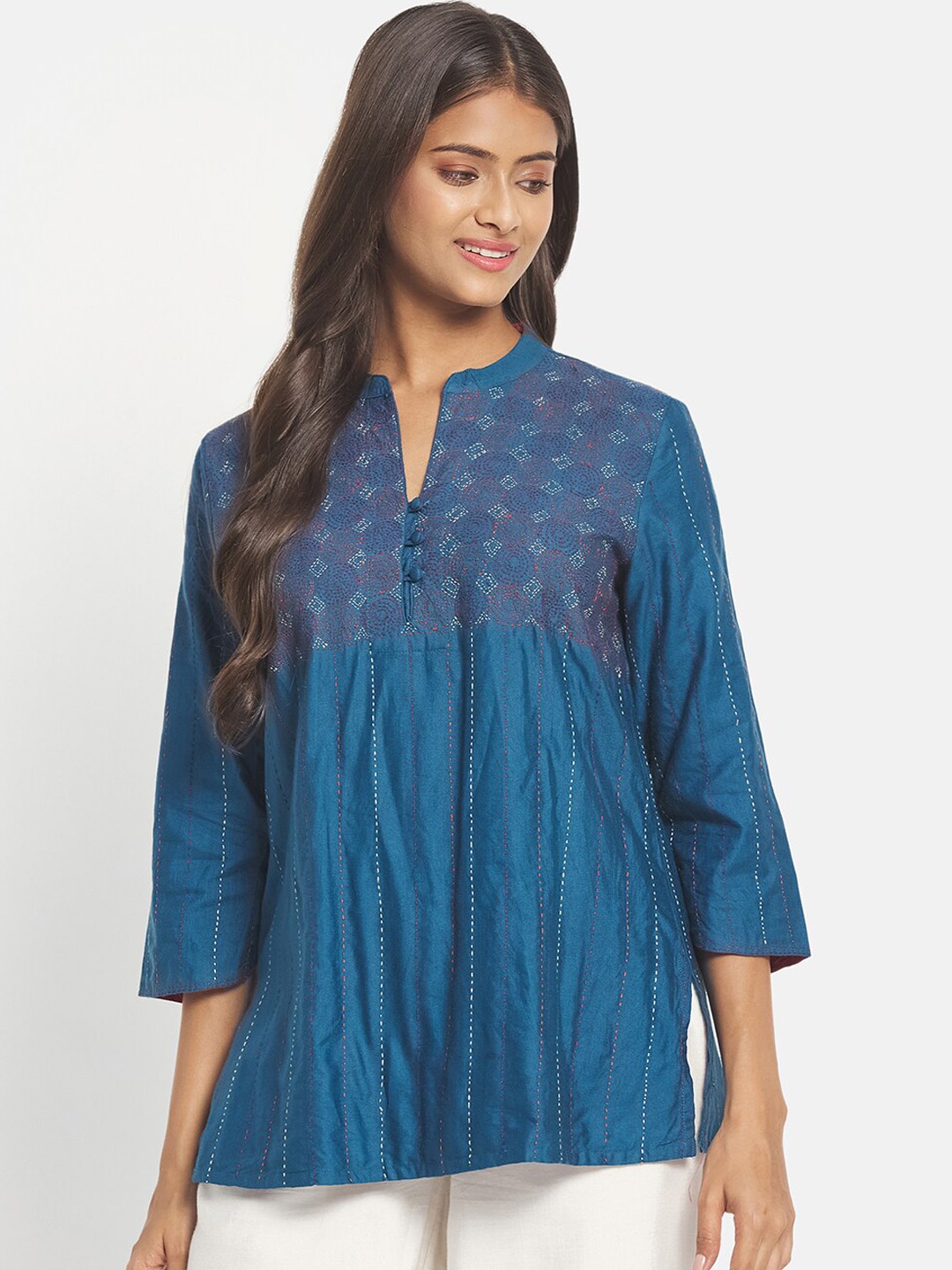 

Fabindia Women Blue Mandarin Collar Embroidered Tunic