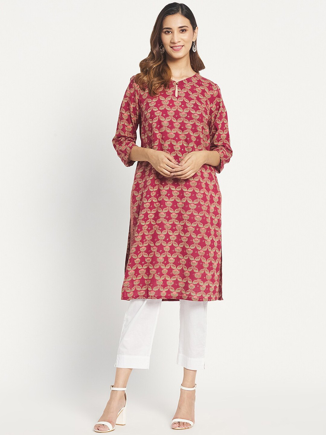 

Fabindia Women Maroon Ethnic Motifs Printed Keyhole Neck Kurta