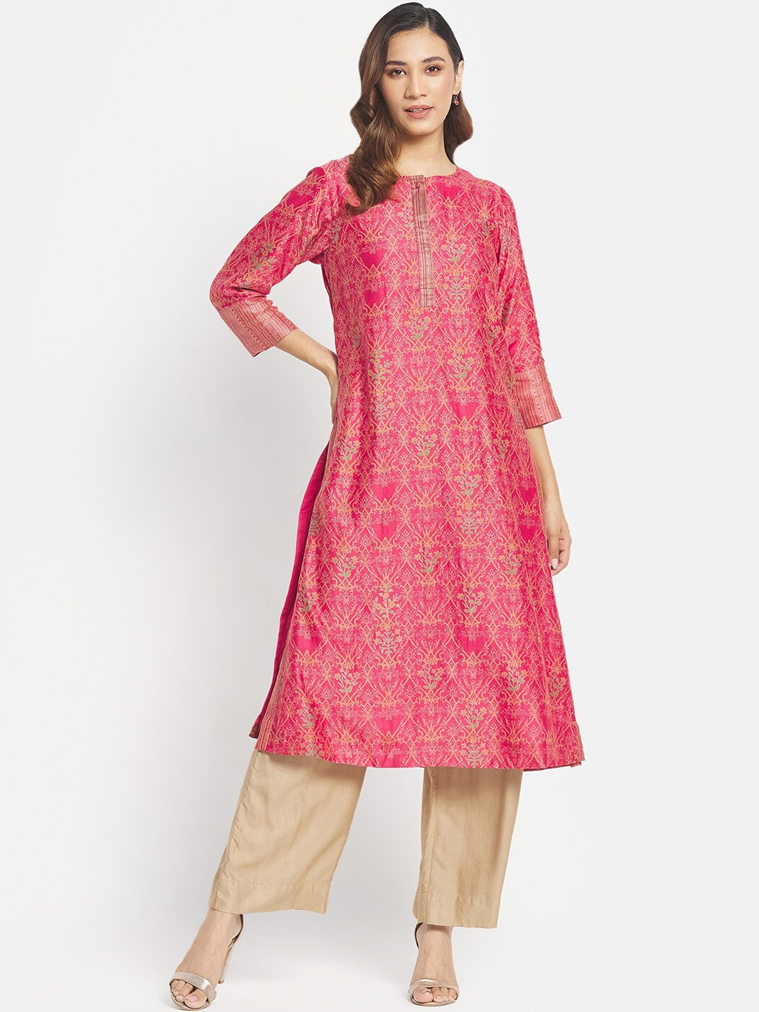 

Fabindia Women Fuchsia & Gold-Toned Ethnic Motifs Printed Cotton Silk Kurta