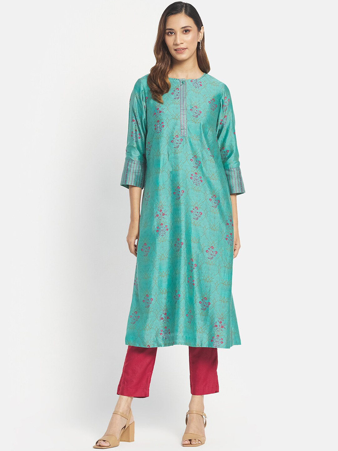 

Fabindia Women Turquoise Blue & Pink Floral Printed Kurta